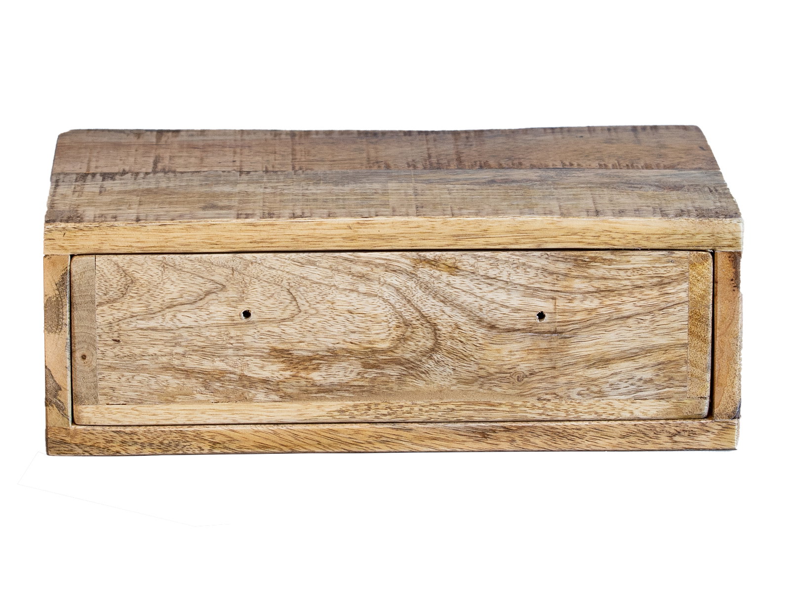 Freisteller Frontansicht eines lackierten Mangoholz-Wandboards mit Geheimfach (35×11×22 cm), braune mehrfarbige Oberfläche