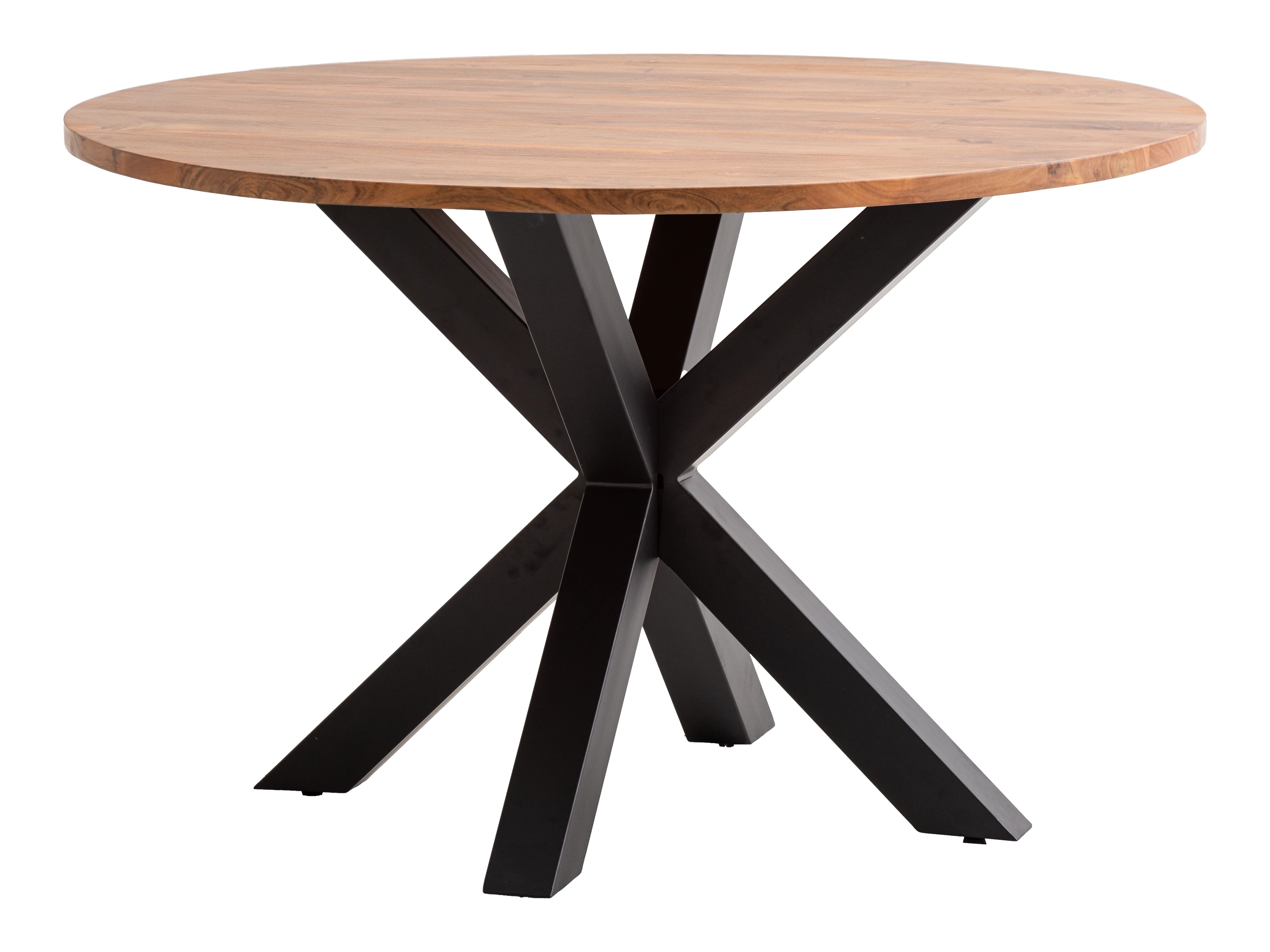 Runder Esstisch Cruzar D120cm, lackiertes Akazienholz, 45°-Ansicht als Wohnbeispiel mit braunen Polsterstühlen Essgruppe Cruzar