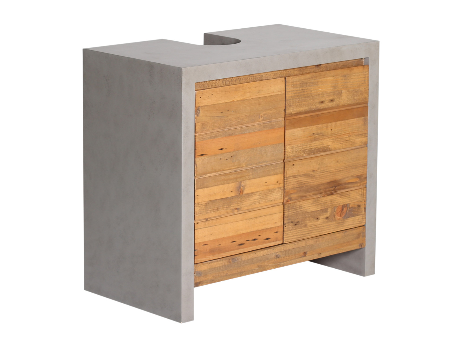 45°-Freisteller des grauen Waschbeckenunterschranks Burnham (70×66×40 cm), 2-türig, lackiertes MDF & recycelte Pinie. Freisteller 45°-Ansicht Badmöbel-Unterbau Burnham Grau klein, lackiertes MDF & recycelte Pinie-Türen, 2 Türen, für Waschtisch