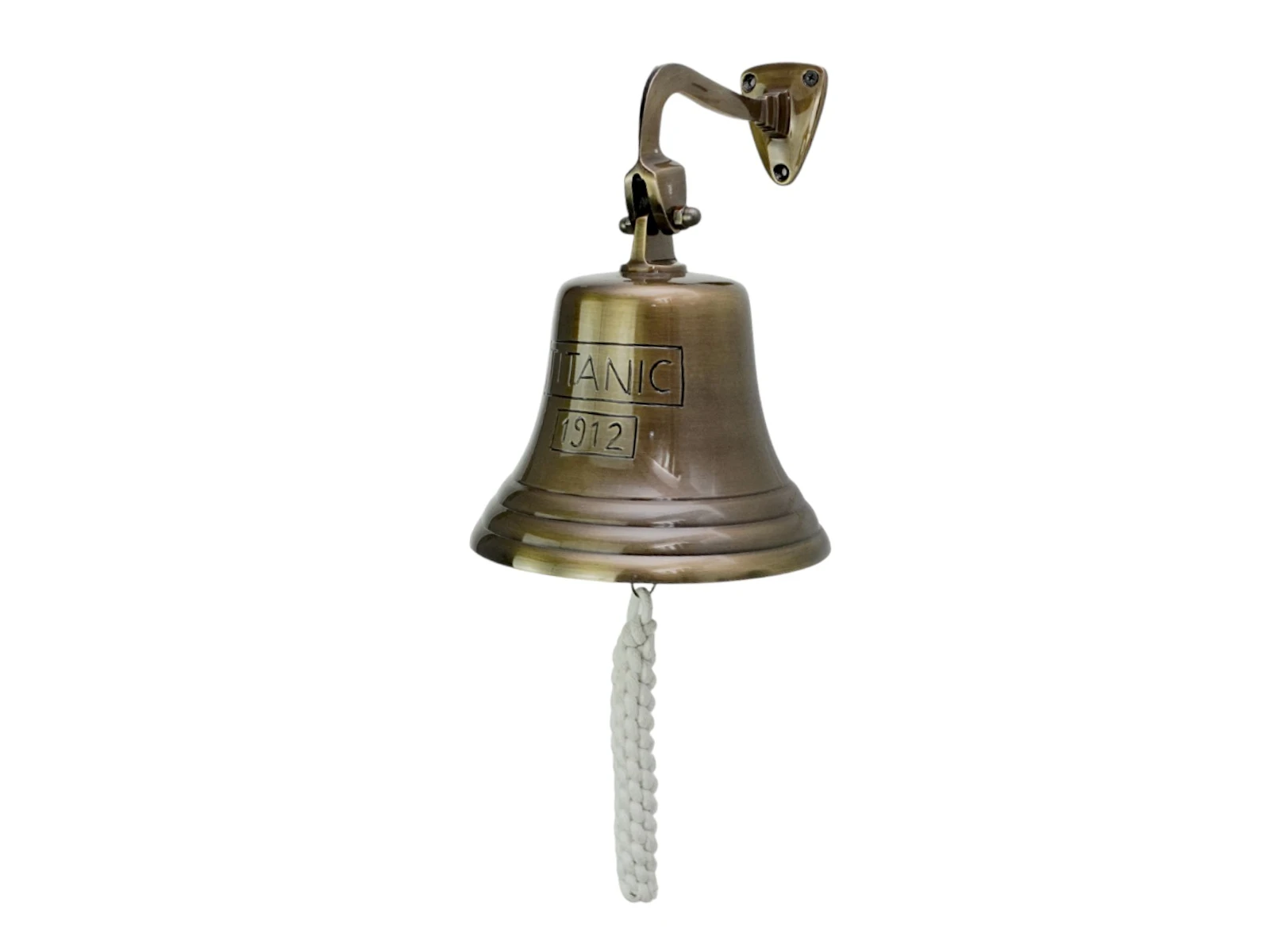 Freisteller, 45°-Ansicht der antik wirkenden Thekenglocke Max (Metall, Ø18 cm, H26×T22 cm) mit Wandhalterung und Zugglocke Freisteller, 45°-Ansicht der antik wirkenden Thekenglocke Max (Metall, Ø18 cm, H26×T22 cm) mit Wandhalterung und Zugglocke