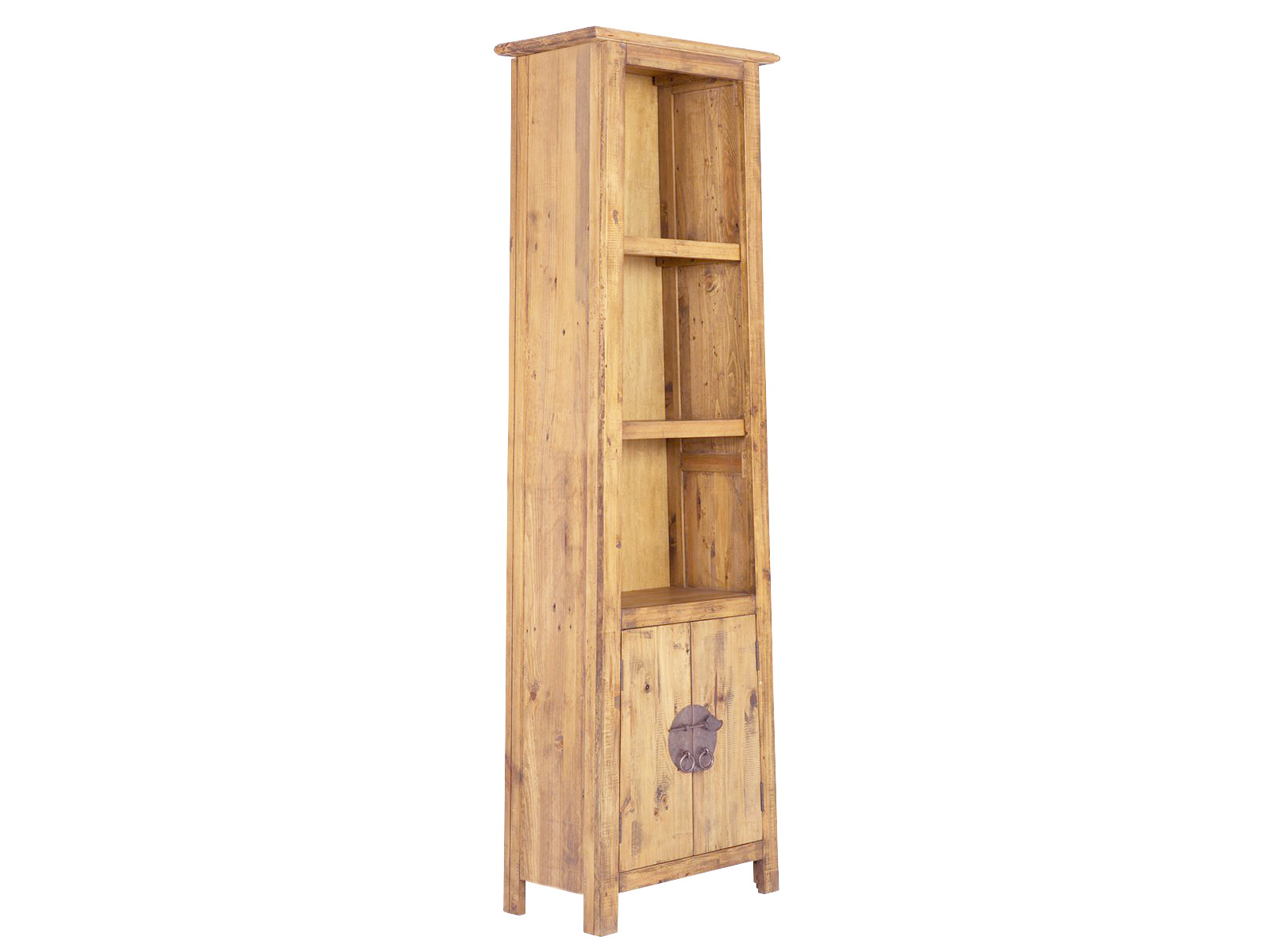 Freisteller: Hochschrank Rangun aus recycelter Pinie, braun lackiert, Frontansicht, 48×170×32 cm, 2 Türen, 3 offene Fächer. Badmöbel Set Rangun