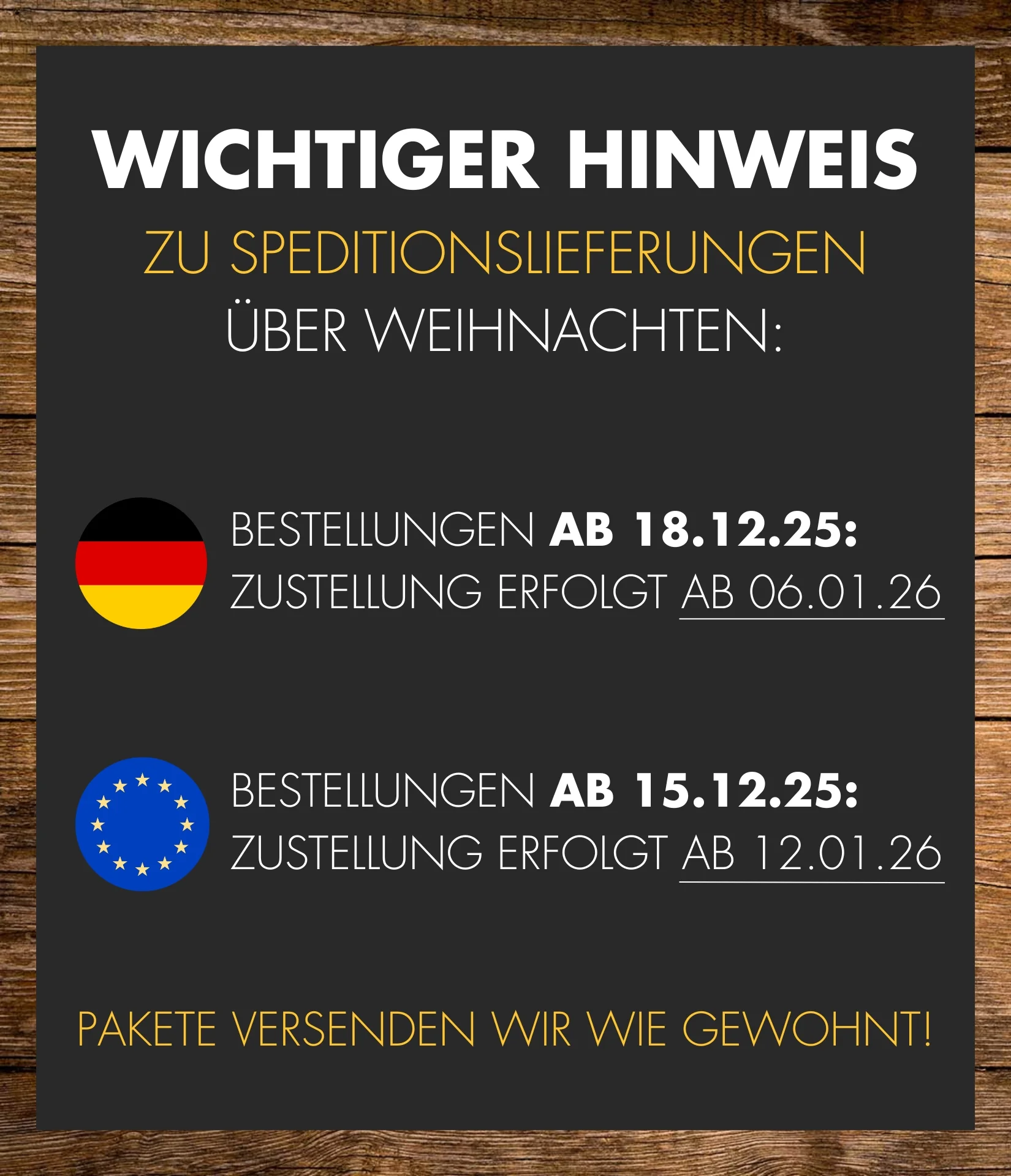 Badge/Störer „Speditionslieferungen“ – Versandhinweis zur Möbel-Lieferung per Spedition bei WOODKINGS.