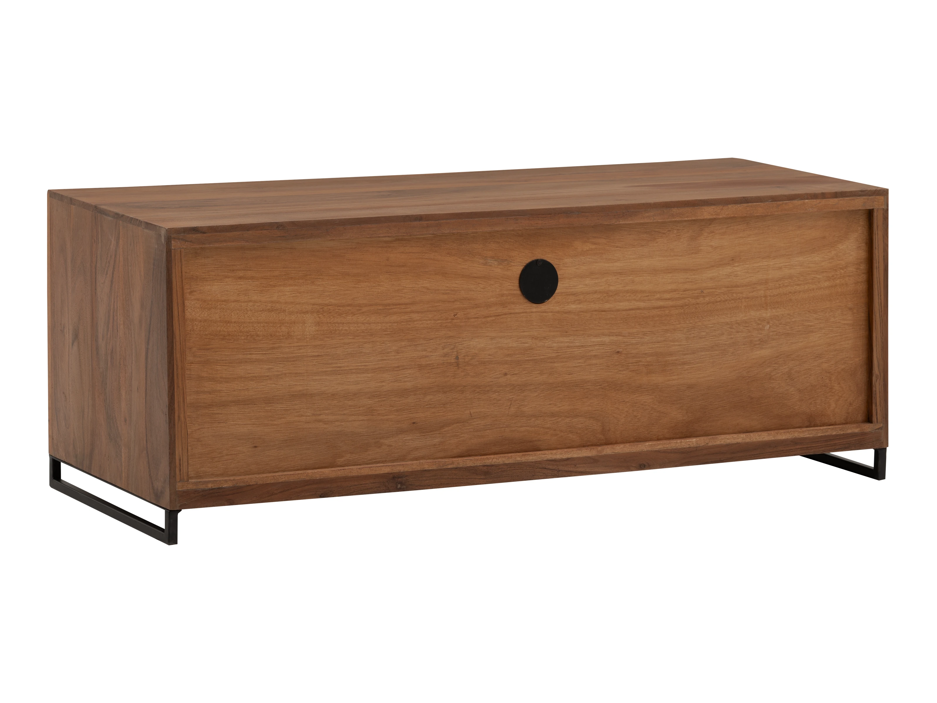 Freisteller 45°-Ansicht der TV-Bank Maddox Akazie (120×45×45 cm), lackiertes Akazienholz, 2 Türen, 2 Schubladen, 1 offenes Fach