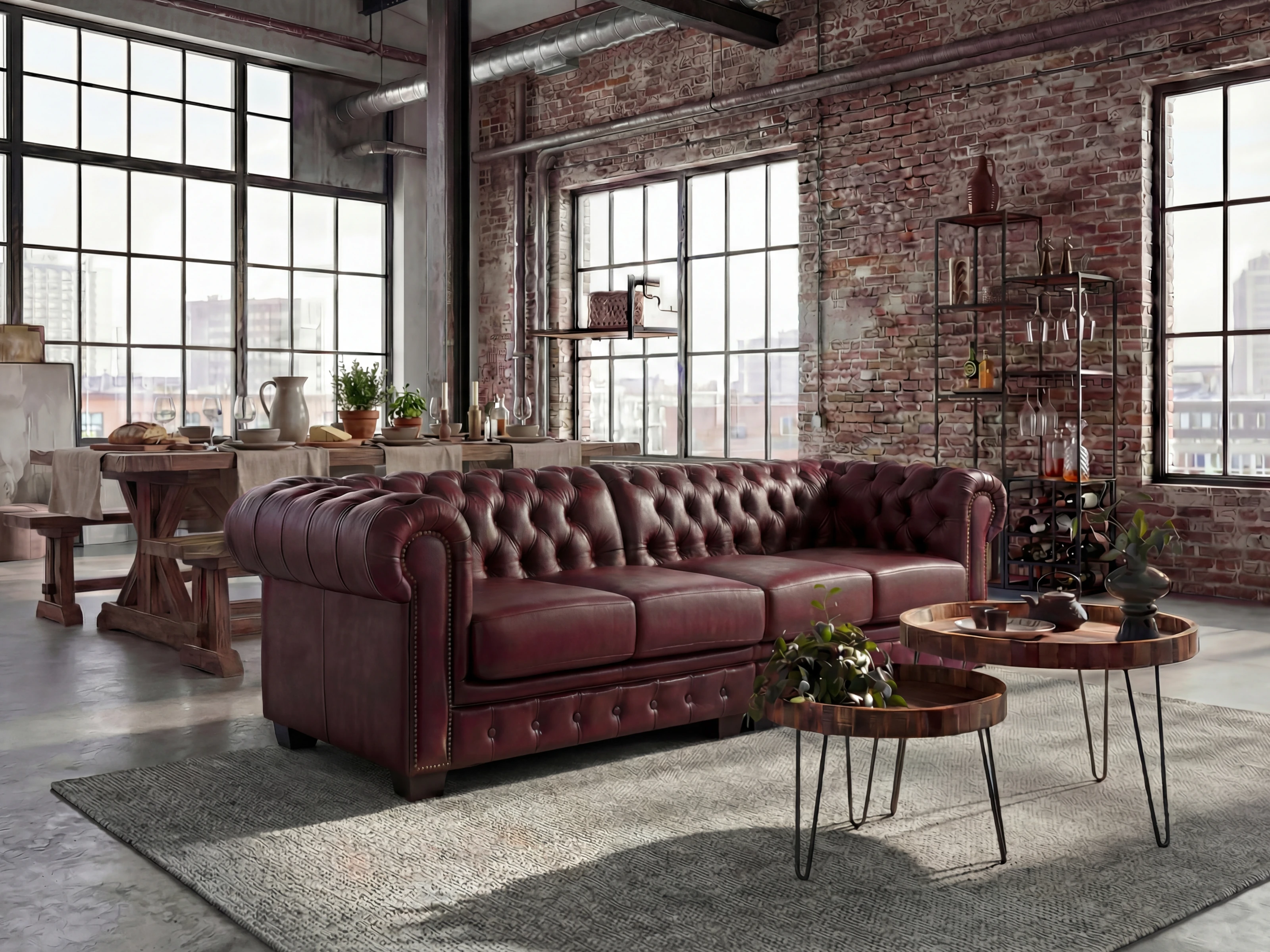 Sofa Chesterfield 5-Sitzer Echtleder rot