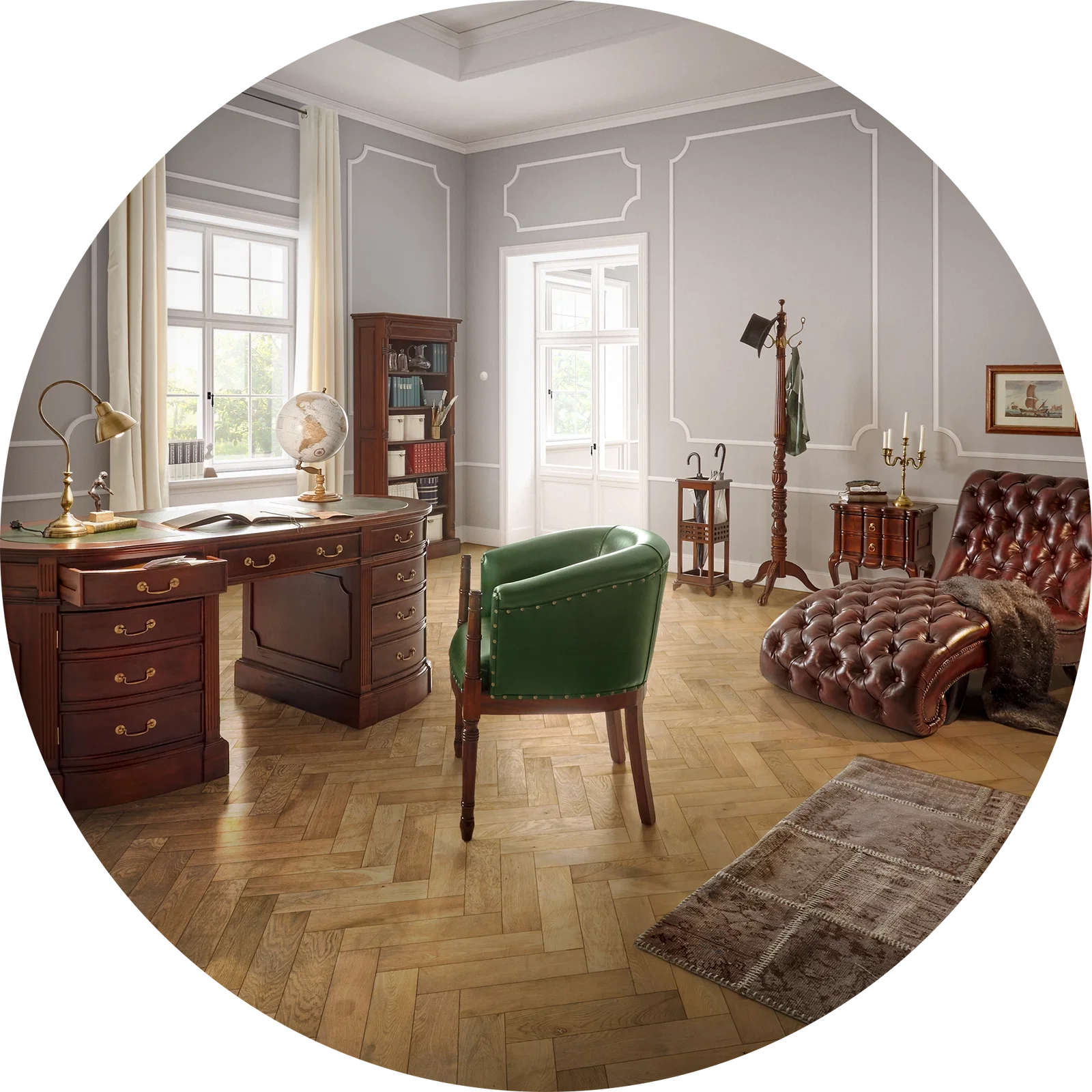 Banner mit Text "Opulenter Stil": luxuriöses Interieur mit dunklem Samtsofa, goldenen Akzenten und opulentem Ambiente