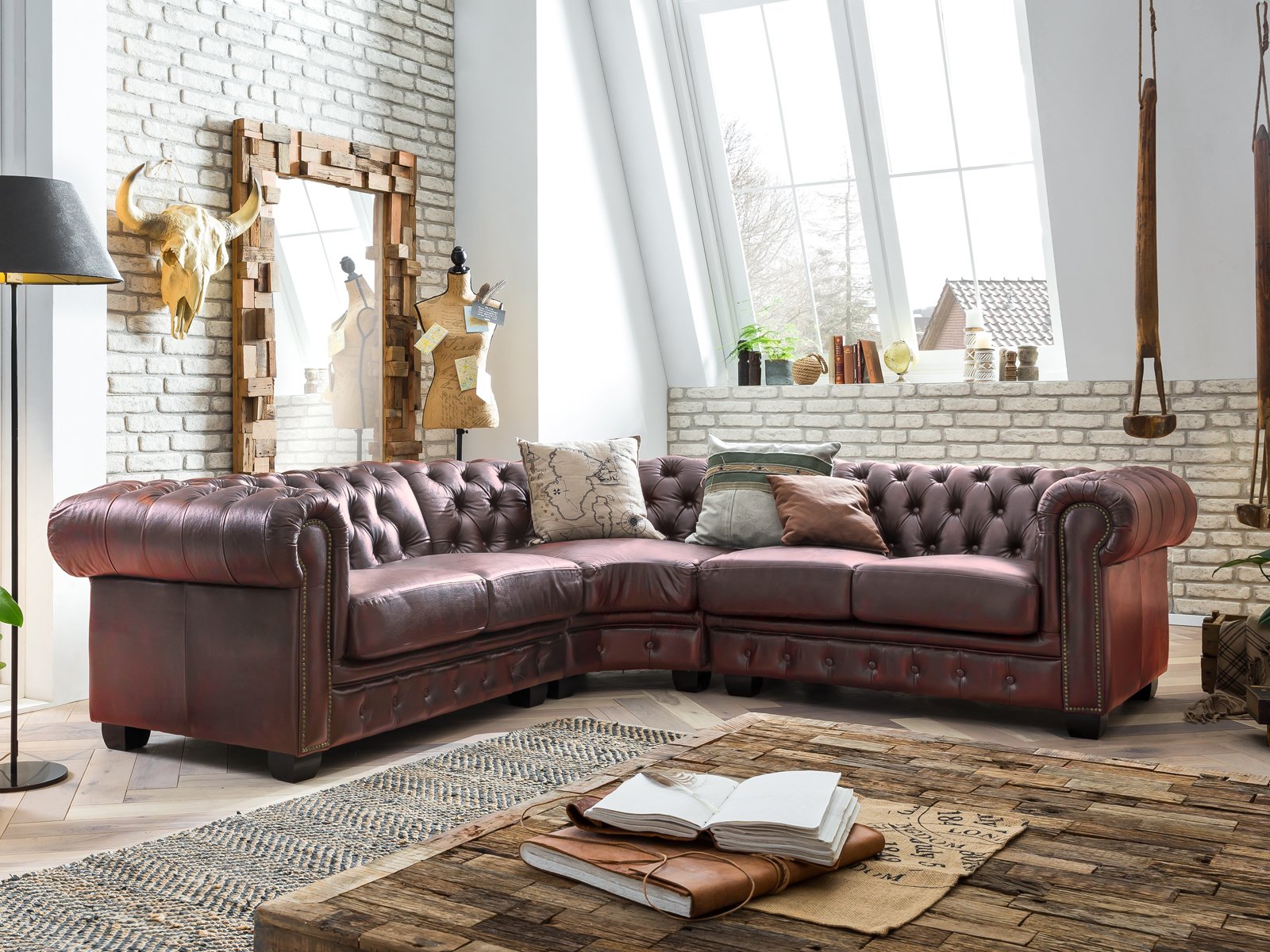 Ecksofa Chesterfield Echtleder I rot Echtleder 263x74x294