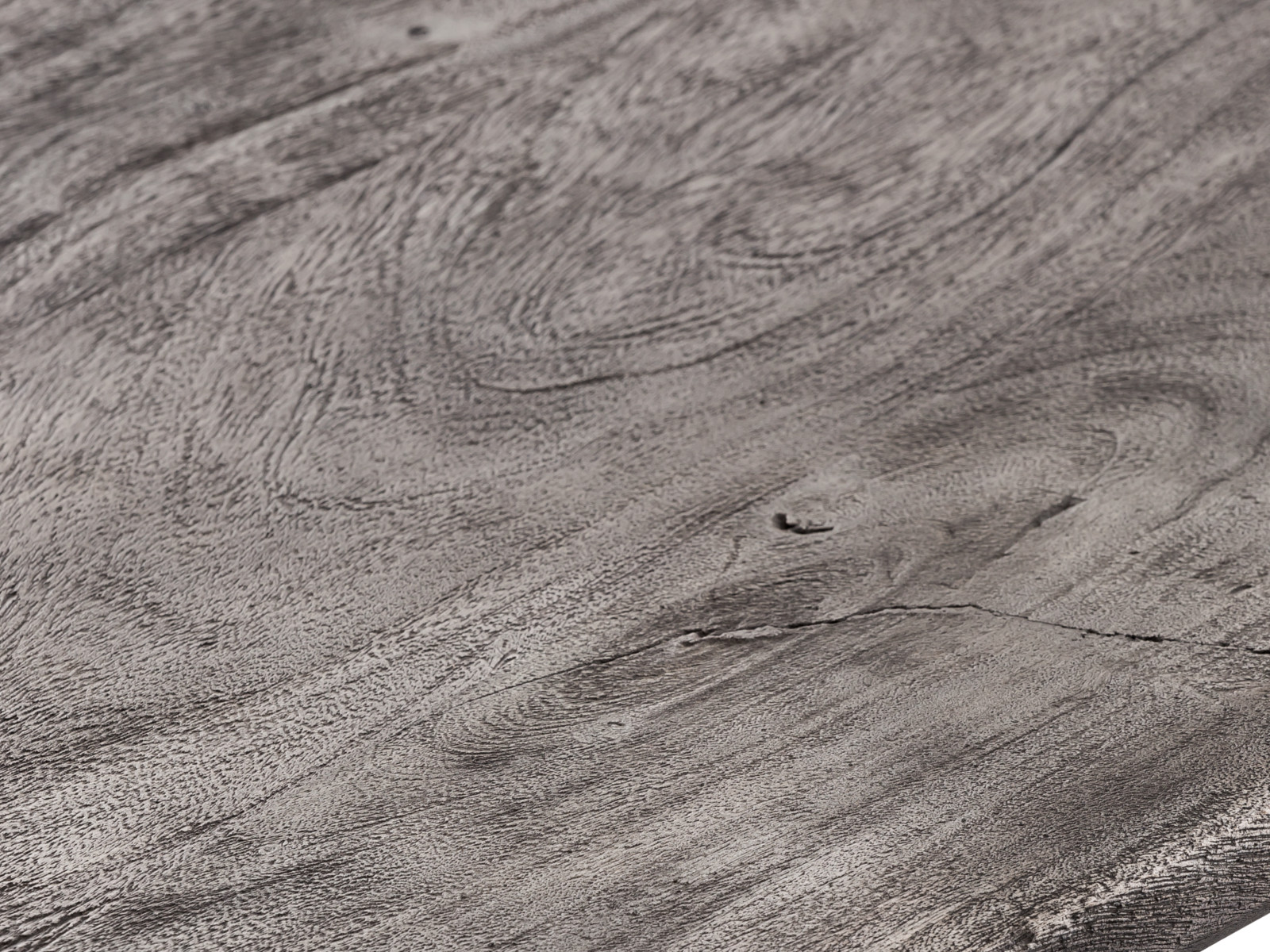 Detailbild der grau lackierten Akazienholz-Oberfläche eines Esstischs „Bullwer Grau Schwarz“ 45°-Ansicht