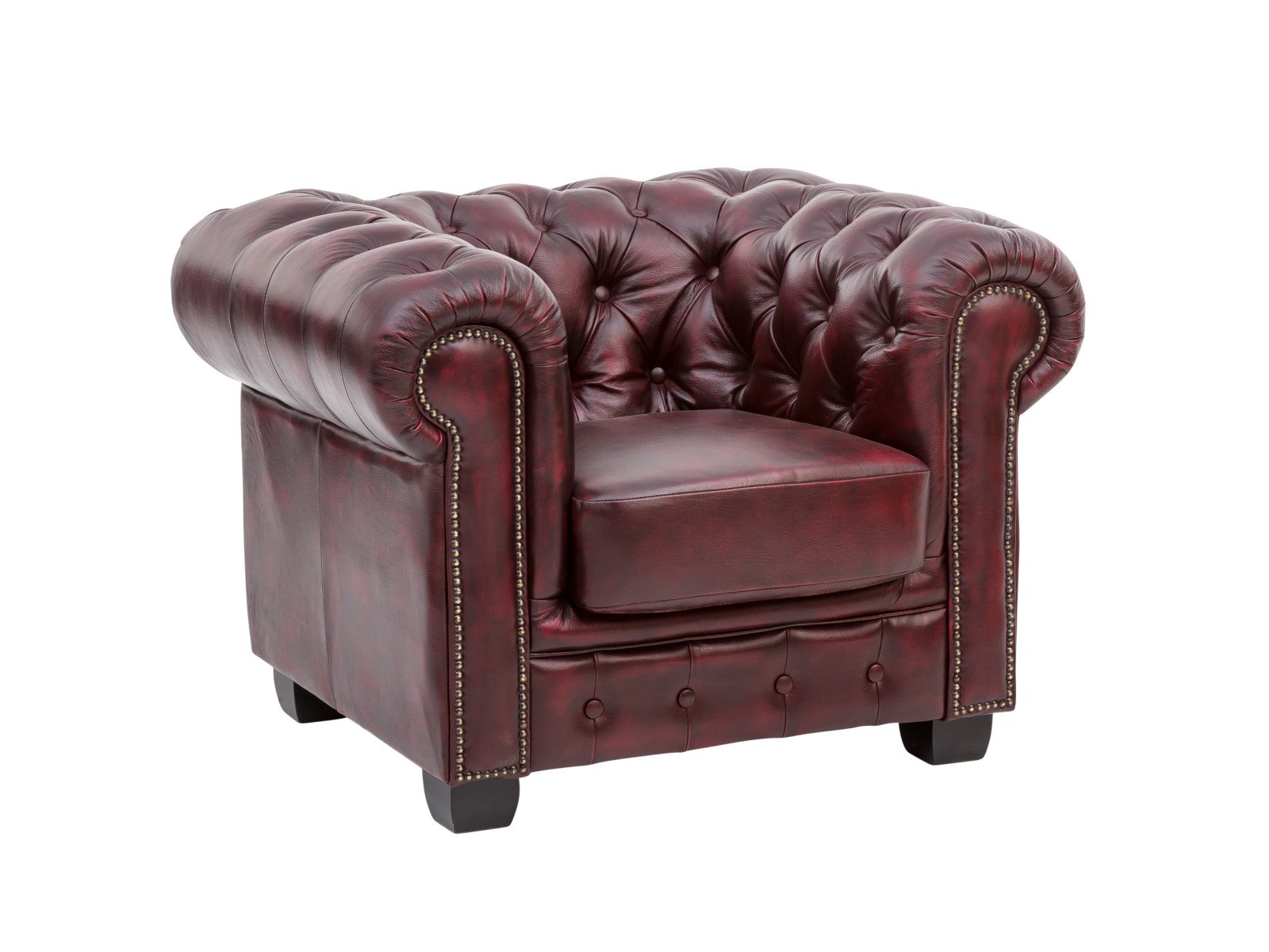 Chesterfield Sofa Garnitur antik rot Echtleder 210x72x90 Schrägansicht