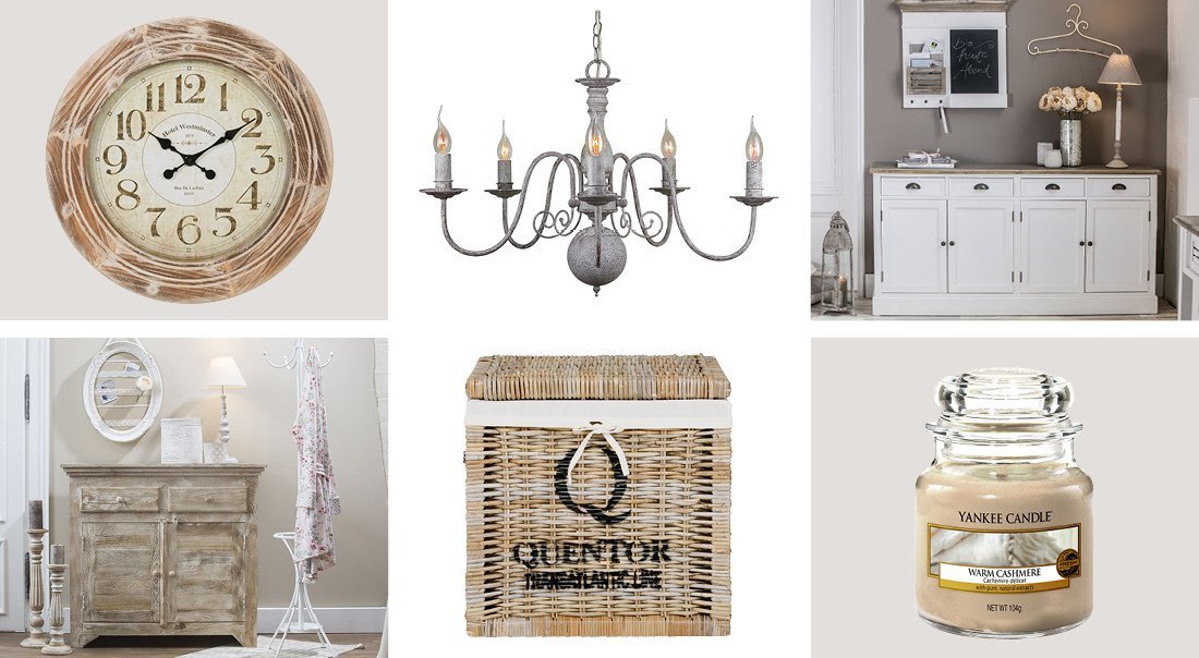 Landhausstil-Collage mit gemütlichen Holzmöbeln, weißen und naturfarbenen Textilien, Dekor, Kissen und Pflanzen
