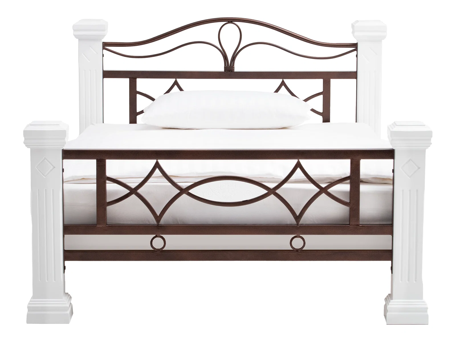 Freisteller Front: Bett Byzanz 200×200 cm, weiß lackierter Rubberwood-Rahmen mit dekorativem Metall-Kopf- und Fußteil.