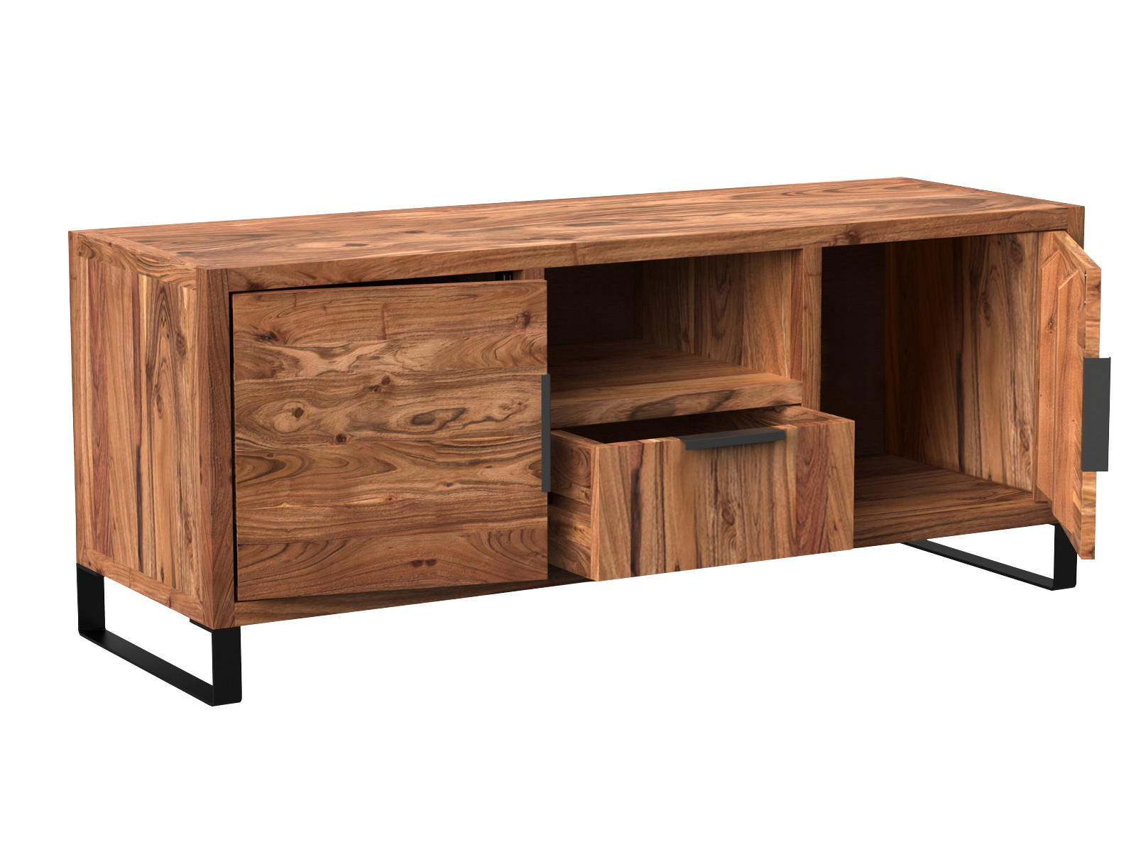Freisteller 45°-Ansicht TV-Bank Sydney Akazie hell (B134×H55×T45 cm) mit 2 Türen, 1 Schublade, 1 offenes Fach, braun