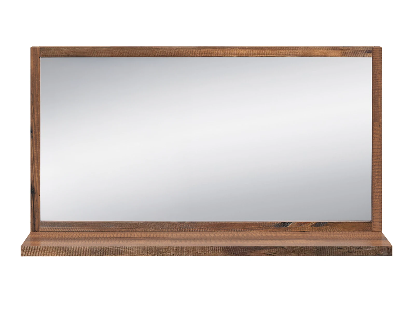 Freisteller-Frontansicht: Spiegel Sydney 105×60?cm mit 3?cm starkem, lackiertem Pinienholzrahmen (Tiefe 16?cm). Freigestellte Frontansicht Wandspiegel mit Ablage Badset Sydney 2tlg. klein in dunkel lackierter Pinie (braun) – rechteckiger Holzrahmen und Ablagefläche für Badutensilien.