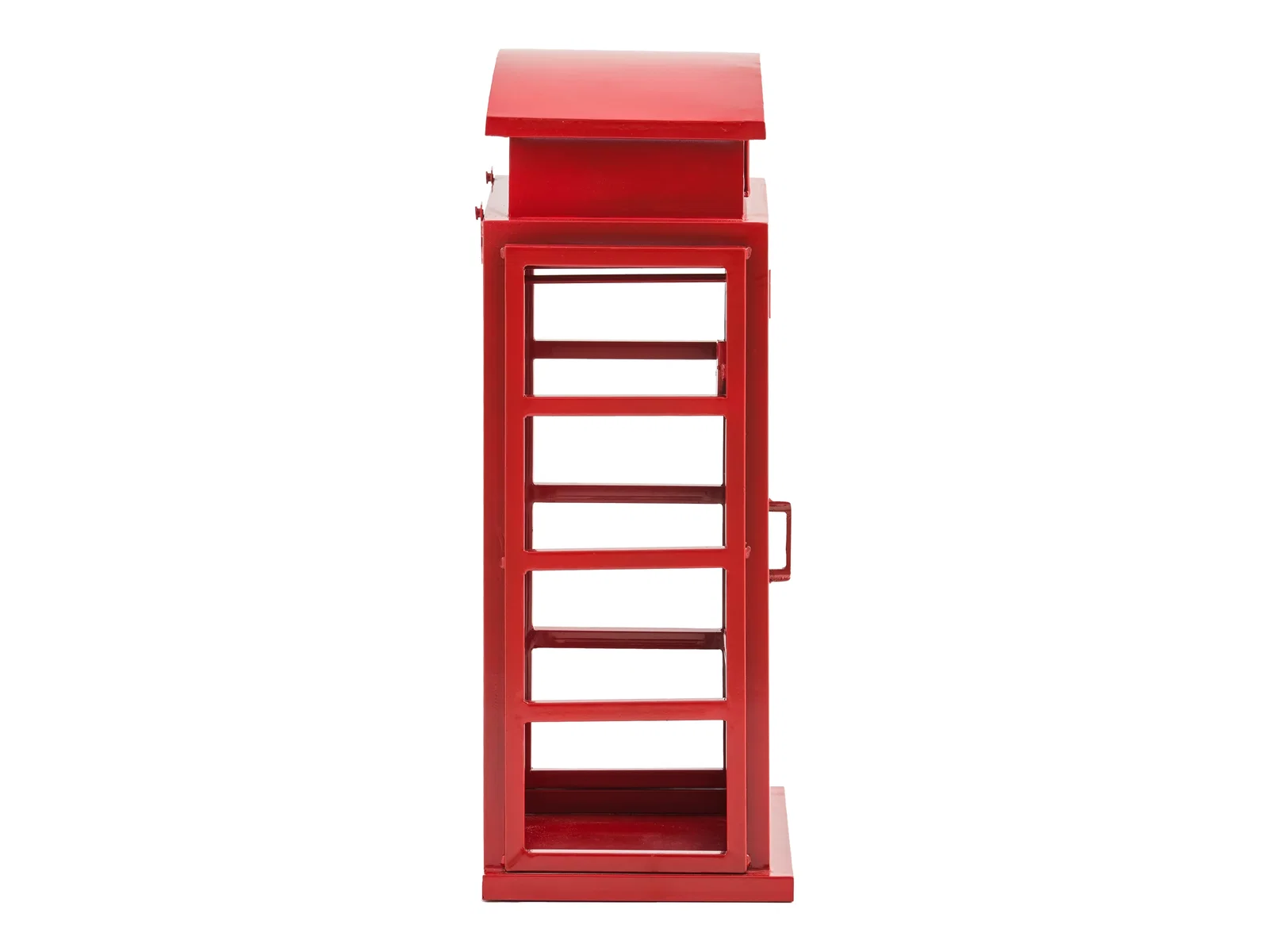 Freisteller: roter Barregal-Wandschrank in Telefonzellen-Optik, Frontansicht, Metall lackiert, mit Türanschlag rechts.