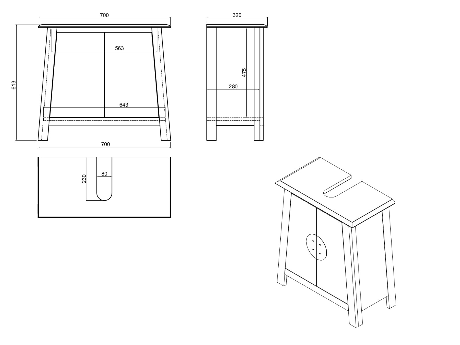 Freisteller brauner Waschbeckenunterschrank Rangun (70×61×32 cm) recycelte Pinie, 2 Türen Ansichten: Front, Seite, oben & 45°