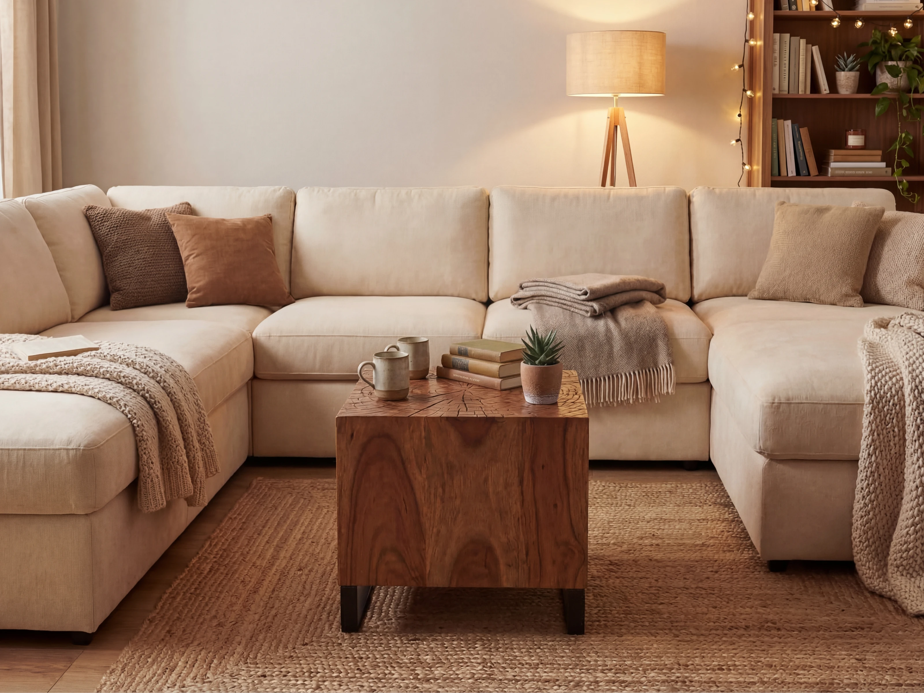 Wohnbeispiel mit Couchtisch Avan Akazie (Akazienholz, 40×45×40 cm) quadratisch, lackiert, 45°-Ansicht vor beigem Sofa