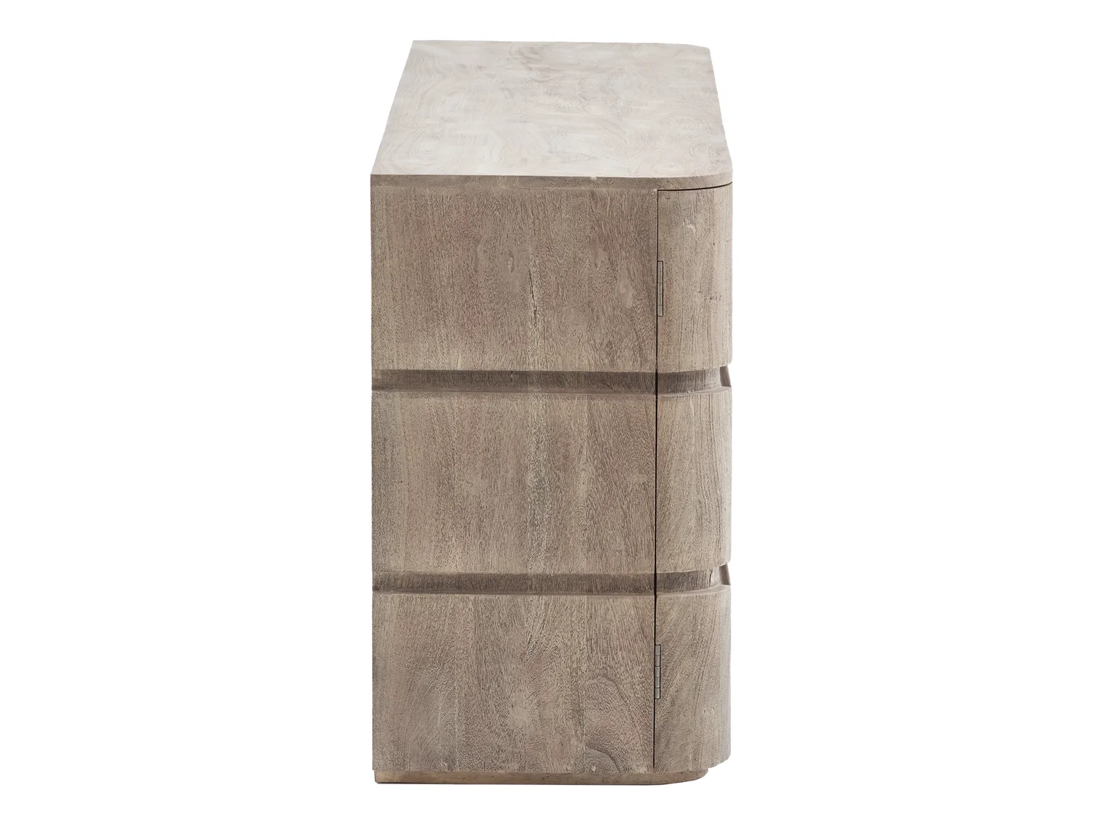 Sideboard Kala aus Akazie in Grau, Freisteller in Frontansicht, detailreiche Produktaufnahme mit Türen und Schubladen