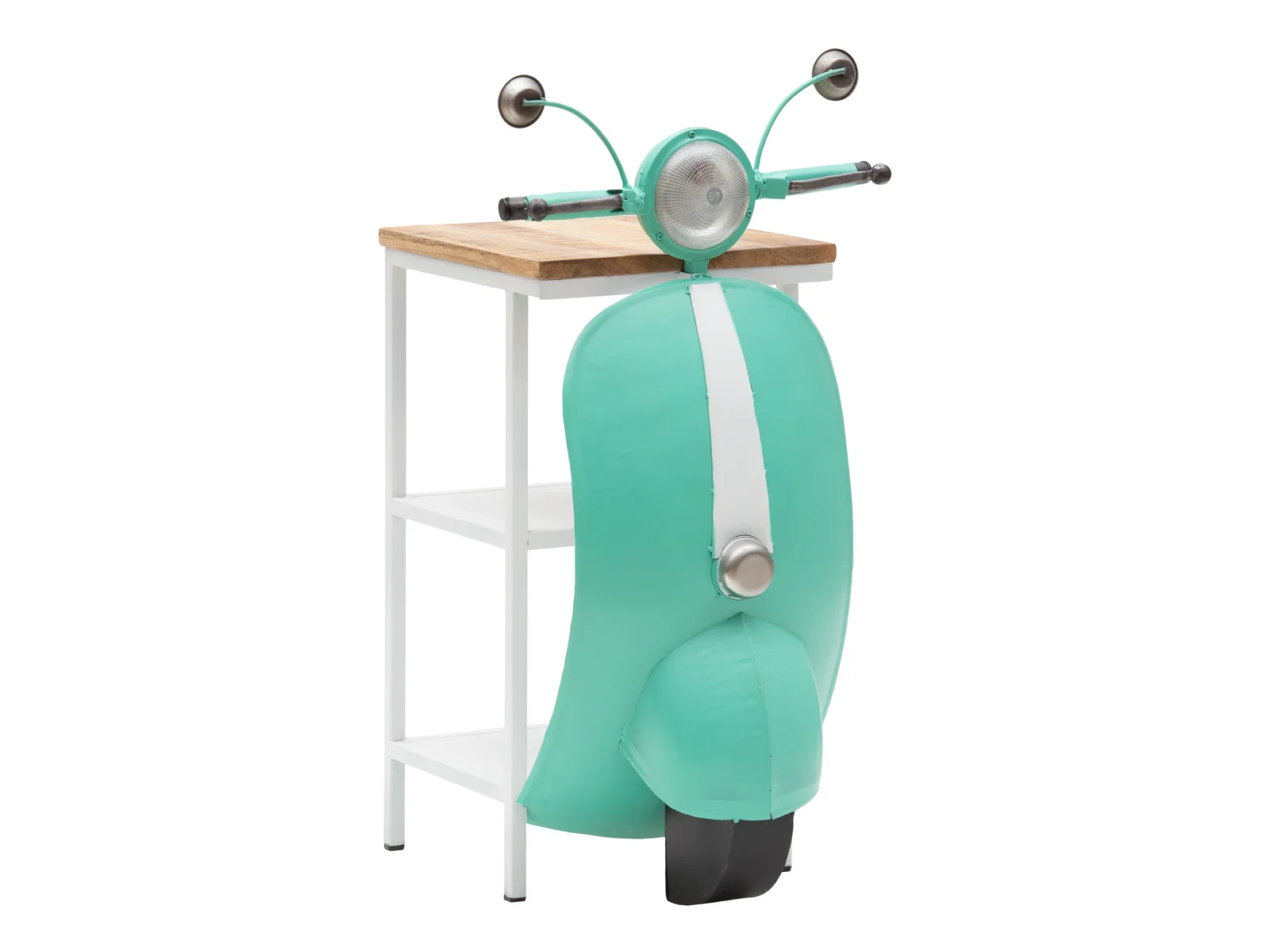 Konsolentisch Scooter Micro Mint als Freisteller in 45-Grad-Ansicht, grüner Metall-Konsolentisch mit Scooter-Design und Holzplatte