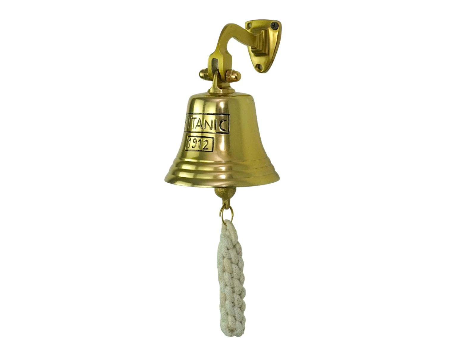 Freisteller, 45°-Ansicht: Thekenglocke Max Messing D10 cm mit Wandhalterung, Metallglocke und Baumwollzug – Theken-Glocke Freisteller, 45°-Ansicht: Thekenglocke Max Messing D10 cm mit Wandhalterung, Metallglocke und Baumwollzug – Theken-Glocke