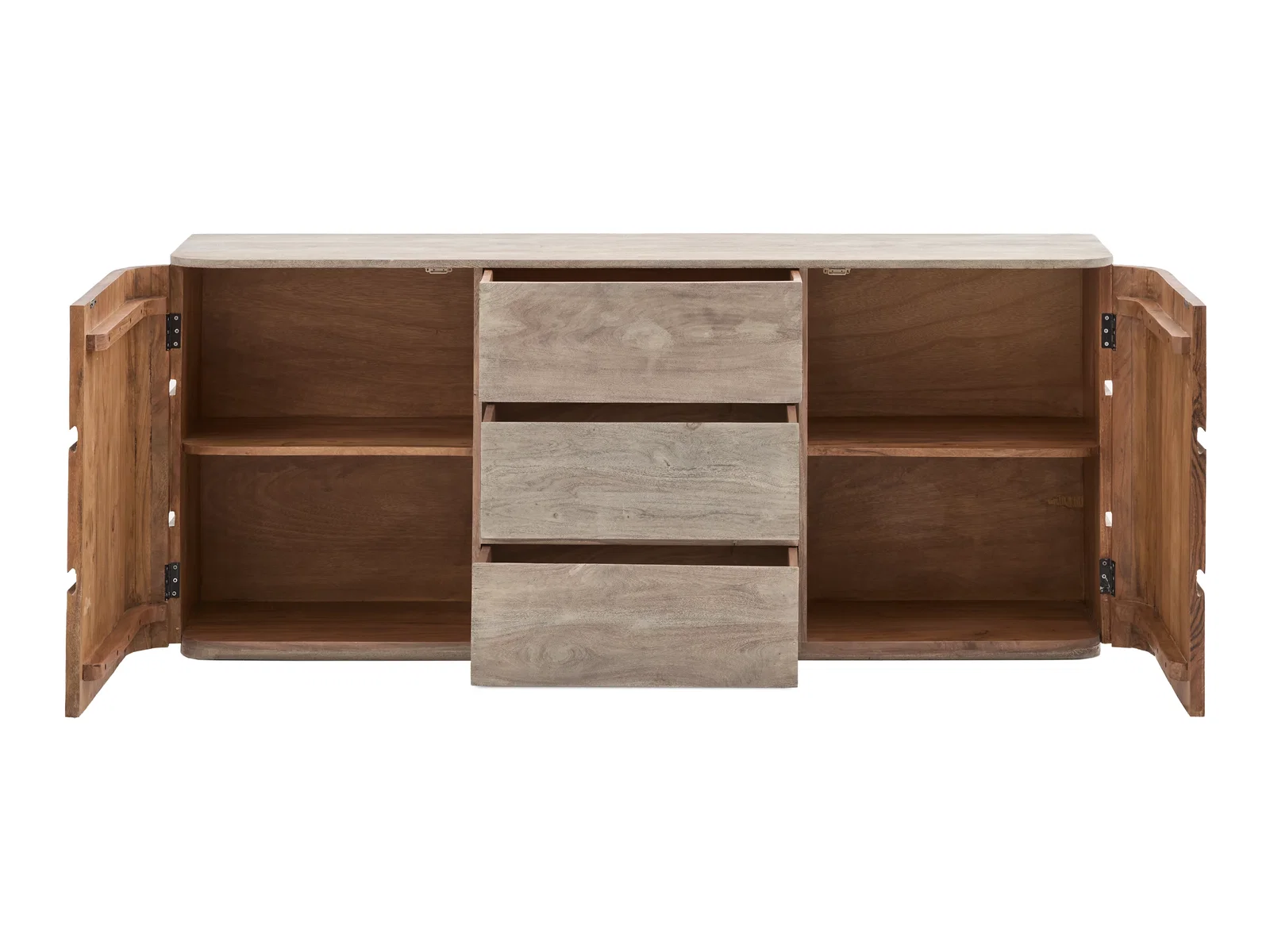 Sideboard Kala Akazie grau, Freisteller in Frontansicht geöffnet mit 2 Türen und 3 Schubladen, Holzsideboard aus lackierter Akazie