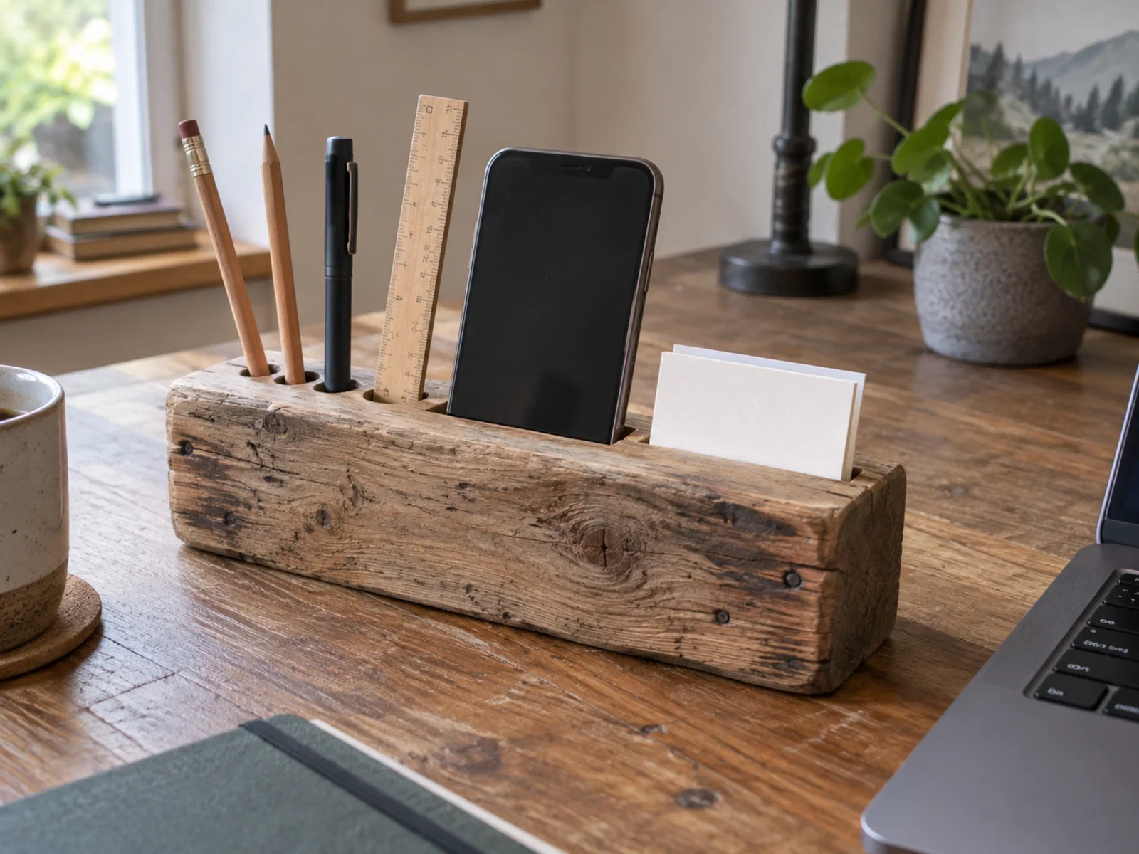 Organizer aus einem alten Holzstück mit Fächern für Stifte, Lineal, Smartphone und Notizzettel auf einem Schreibtisch