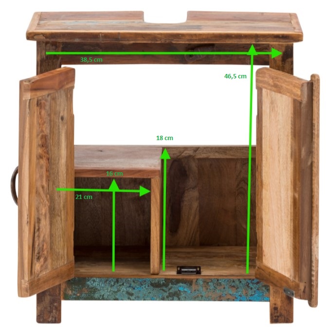 Geöffnete Frontansicht (Freisteller): Waschbeckenunterschrank Sumana, recyceltes Hartholz, 52×60×30 cm, offene Fächer Geöffnete Frontansicht (Freisteller): Waschbeckenunterschrank Sumana, mit Maßangaben, offene Fächer