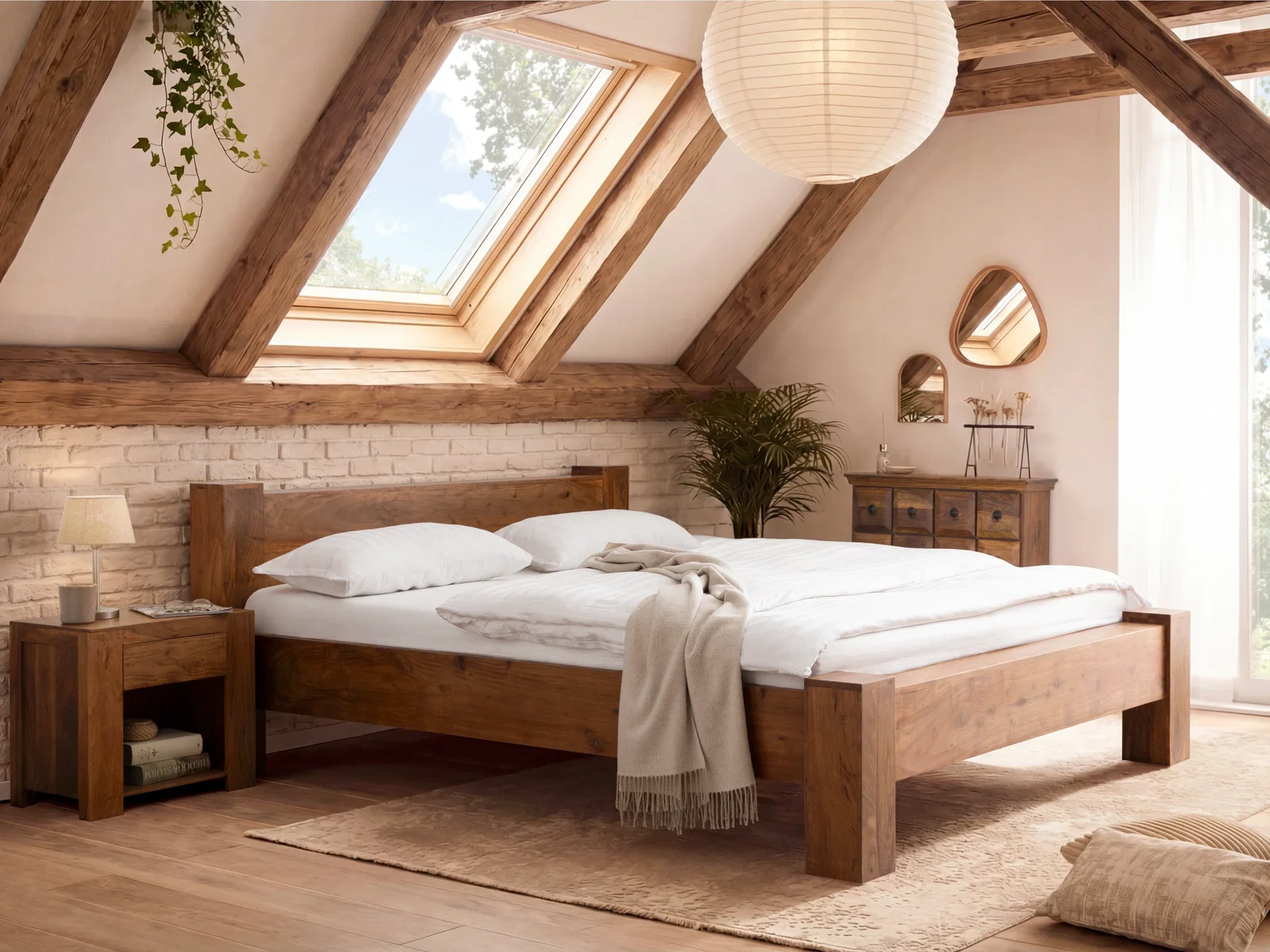 Holzbett Osbon aus Akazienholz mit warmer Maserung und niedrigem Massivholz-Kopfteil für ein Schlafzimmer mit Charakter
