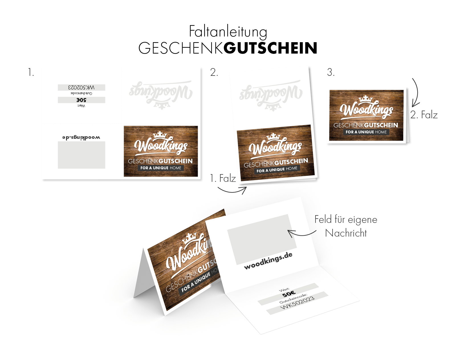 Faltanleitung für Woodkings Geschenkgutschein 150 EUR: Schritt-für-Schritt-Faltung, geöffnete 45°-Innenansicht mit Nachrichtfeld.