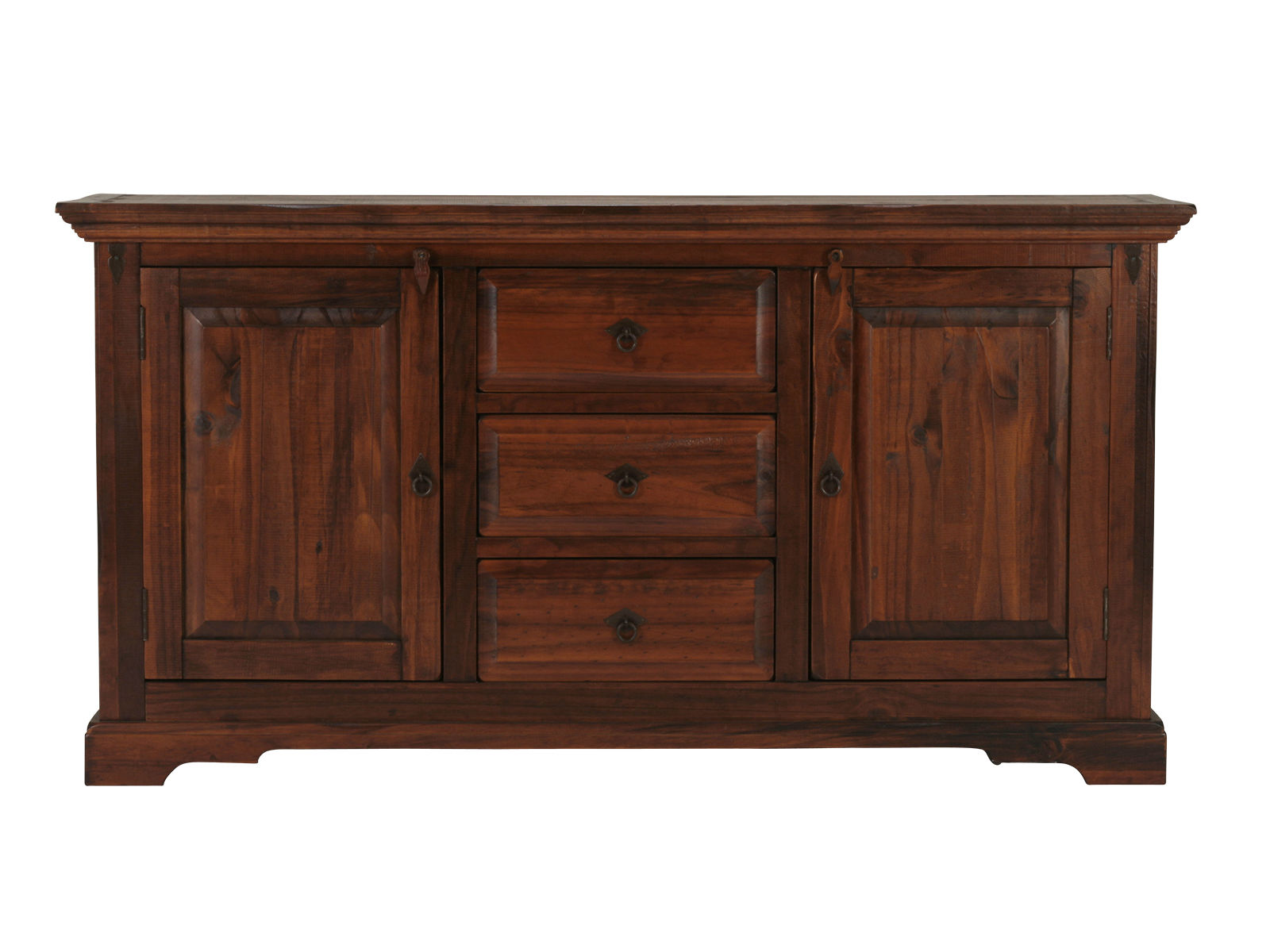 Sideboard Catana aus lackierter Pinie in Braun, Frontansicht als Freisteller mit 2 Türen und 3 Schubladen, 170 cm breit