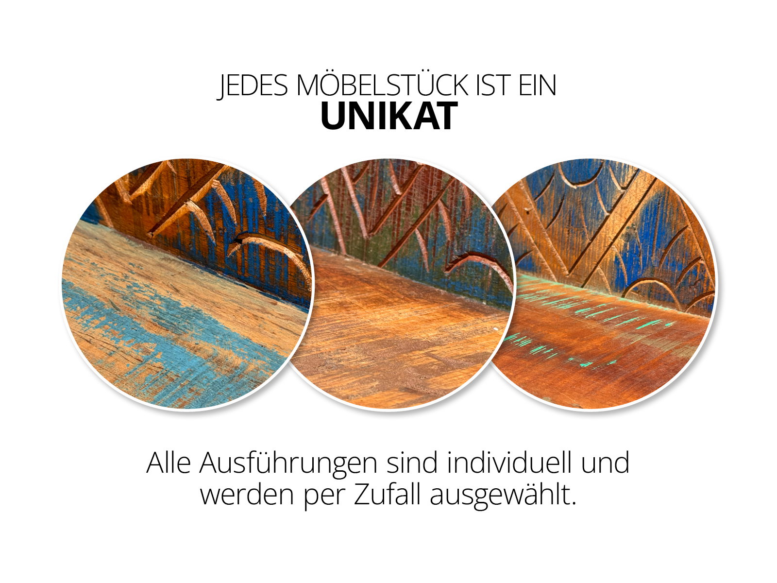 Detailansicht der lackierten Mango-Holzoberfläche der Bad-Hochkommode „Blue Lagoon“ in drei bunten Patina-Tönen (Unikat)