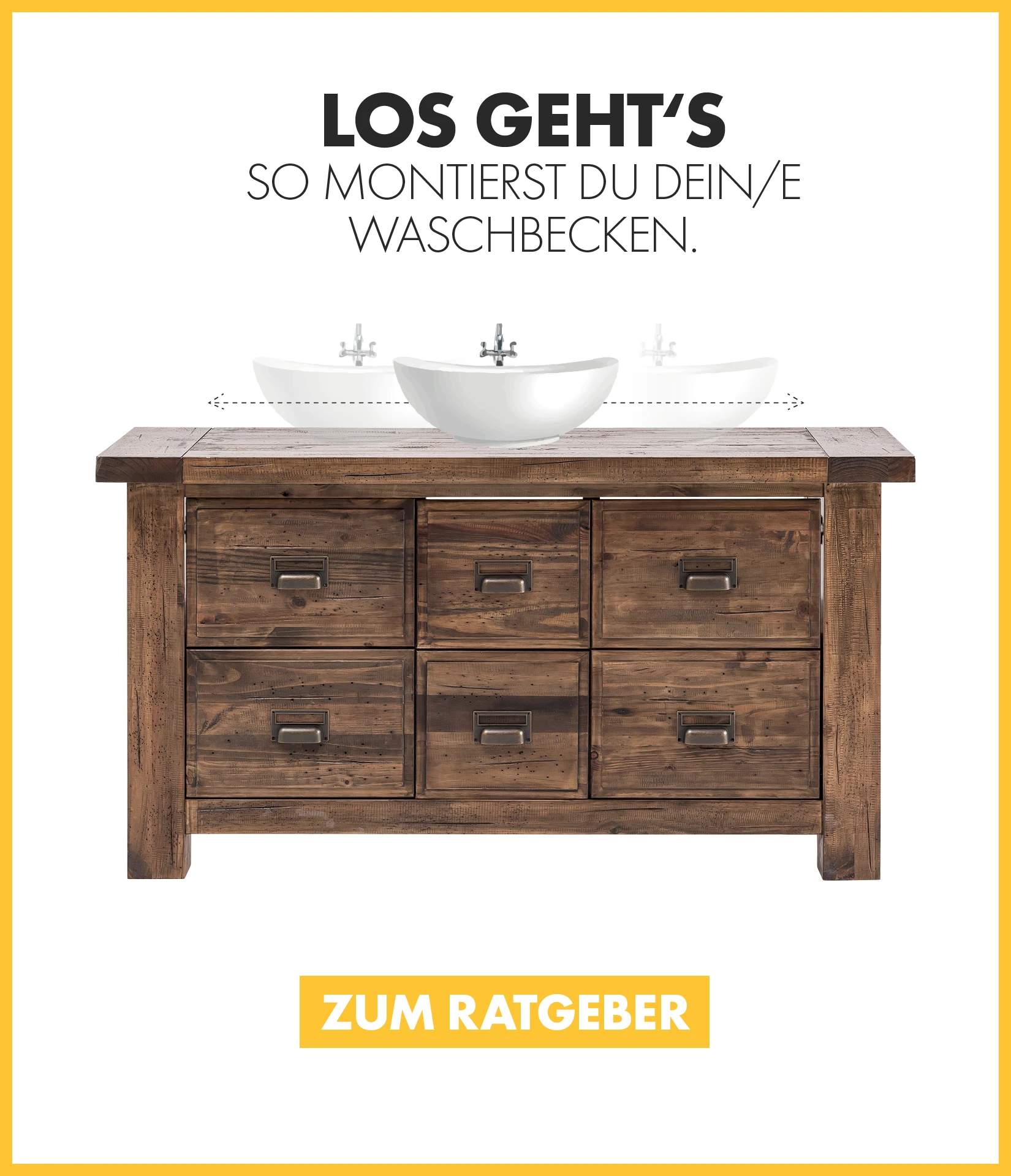 Störer "Waschtisch Ratgeber" auf Bild eines modernen Holz-Waschtischs in hellem, minimalistischem Badezimmer-Ambiente