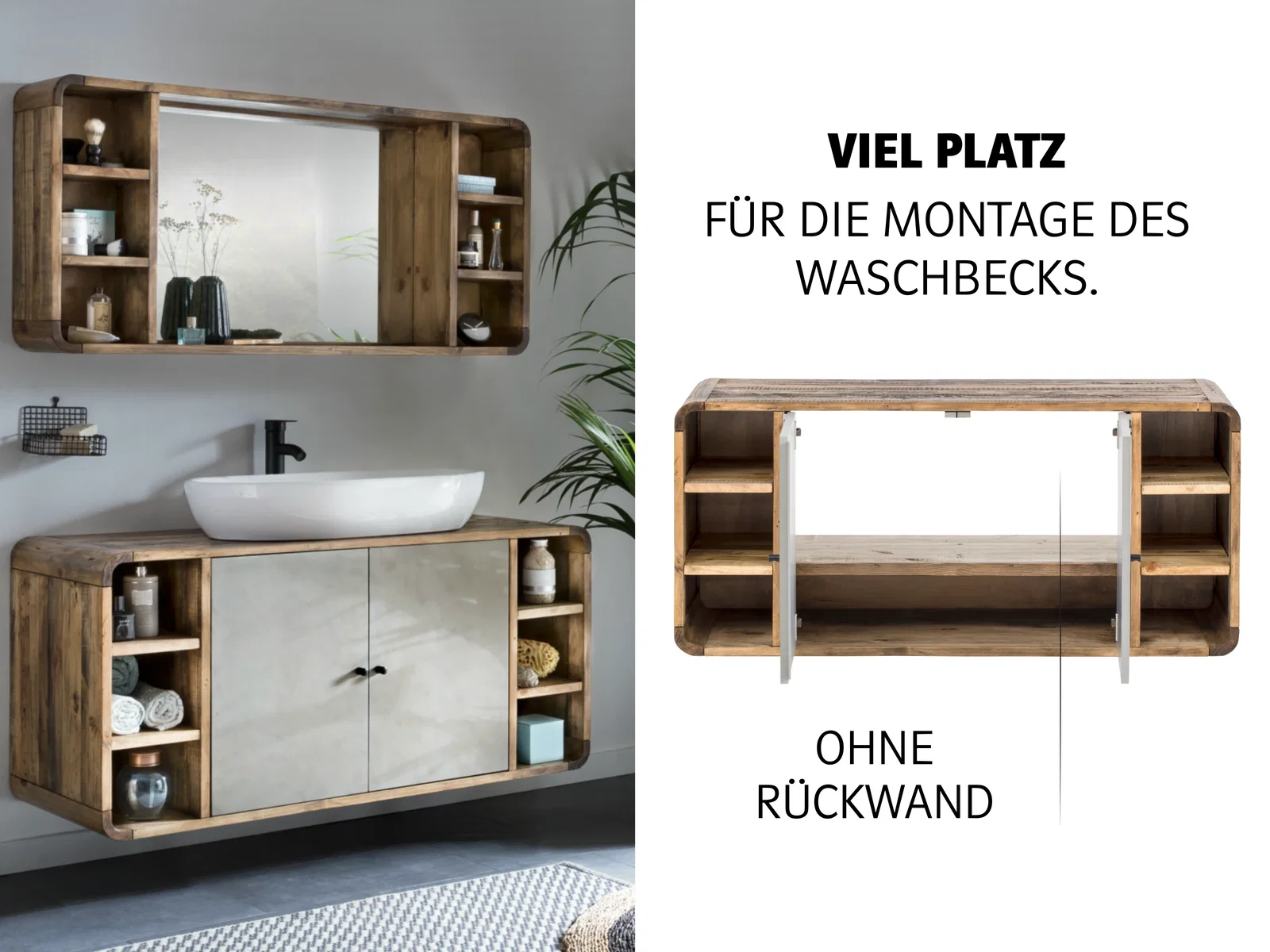 Offenes Holzsideboard ohne Rückwand auf weißem Hintergrund, modernes freistehendes Regal für Wohnzimmer, minimalistische Optik