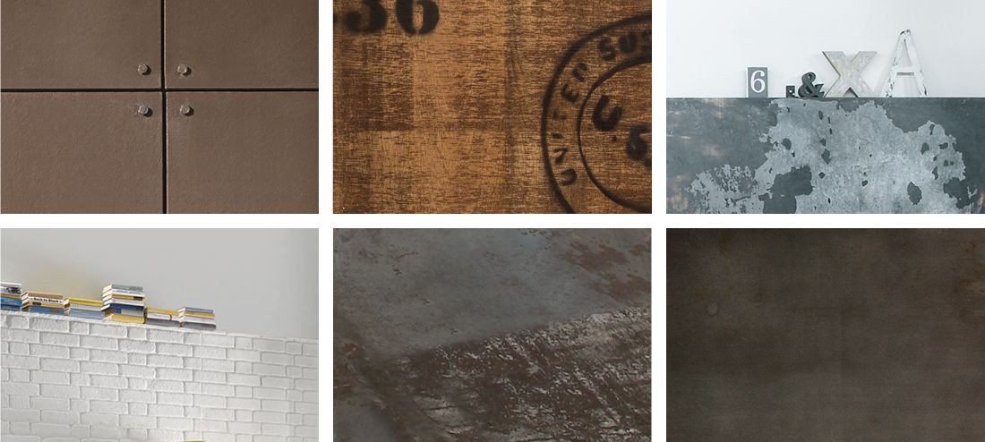 Collage im Industrial-Wohnstil: Loft-Ambiente mit Metall- und Holzmöbeln, rauen Oberflächen, Leder- und Betonakzenten, dunklen, warmen Farbtönen