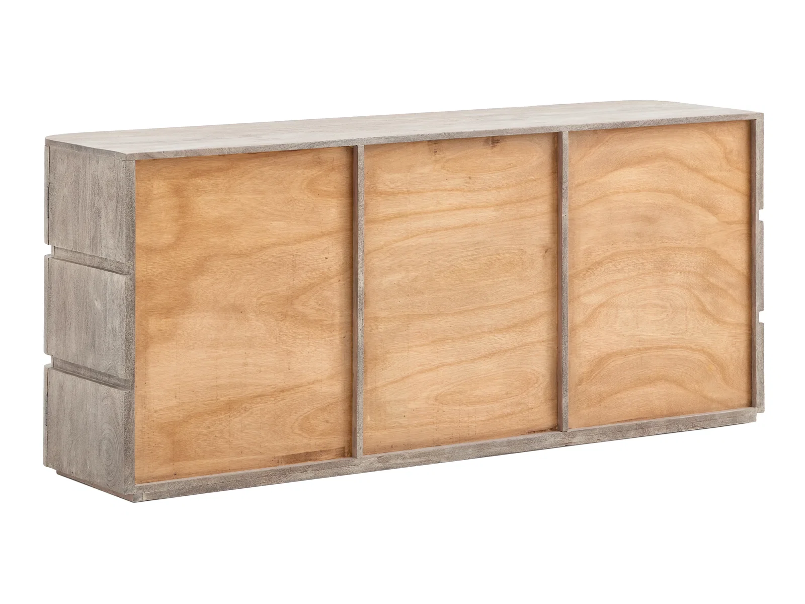 Freigestelltes Sideboard Kala aus Akazienholz in Grau, 45-Grad-Ansicht mit zwei Türen und drei Schubladen.