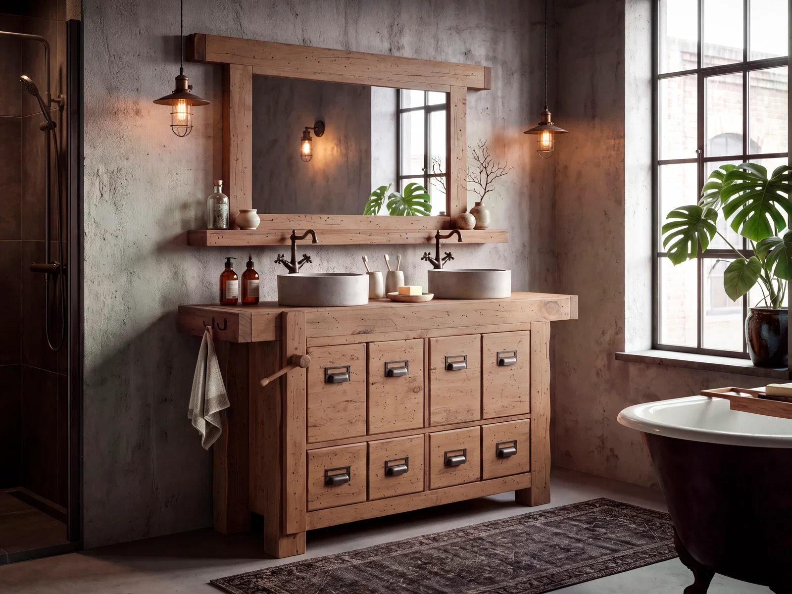Badezimmerset Otago mit Waschtisch aus rustikalem Pinienholz im Werkbankdesign, Spiegel und zwei Aufsatzwaschbecken im Badezimmer
