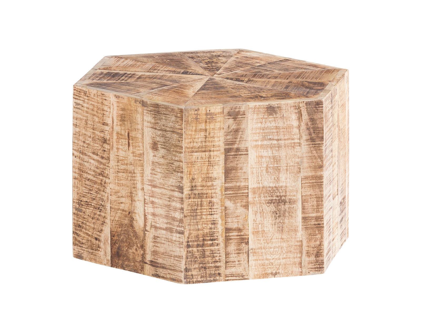 Freisteller Couchtisch Caribou, sechseckiger Beistelltisch aus lackiertem Mangoholz (50×45×50 cm), 45°-Ansicht