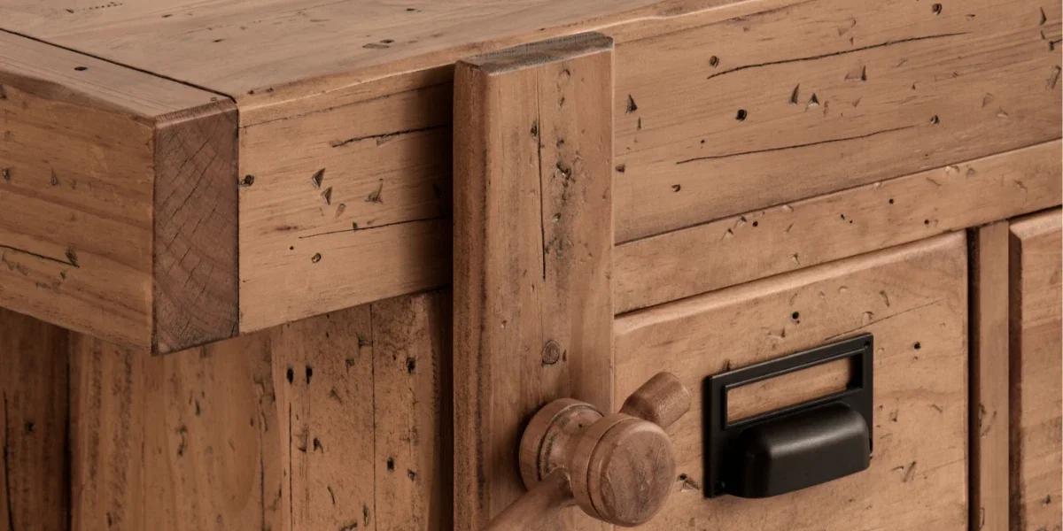Detailaufnahme einer rustikalen Kommode aus Altholz mit markanter Holzstruktur, Griffknauf und Metallschubladengriff