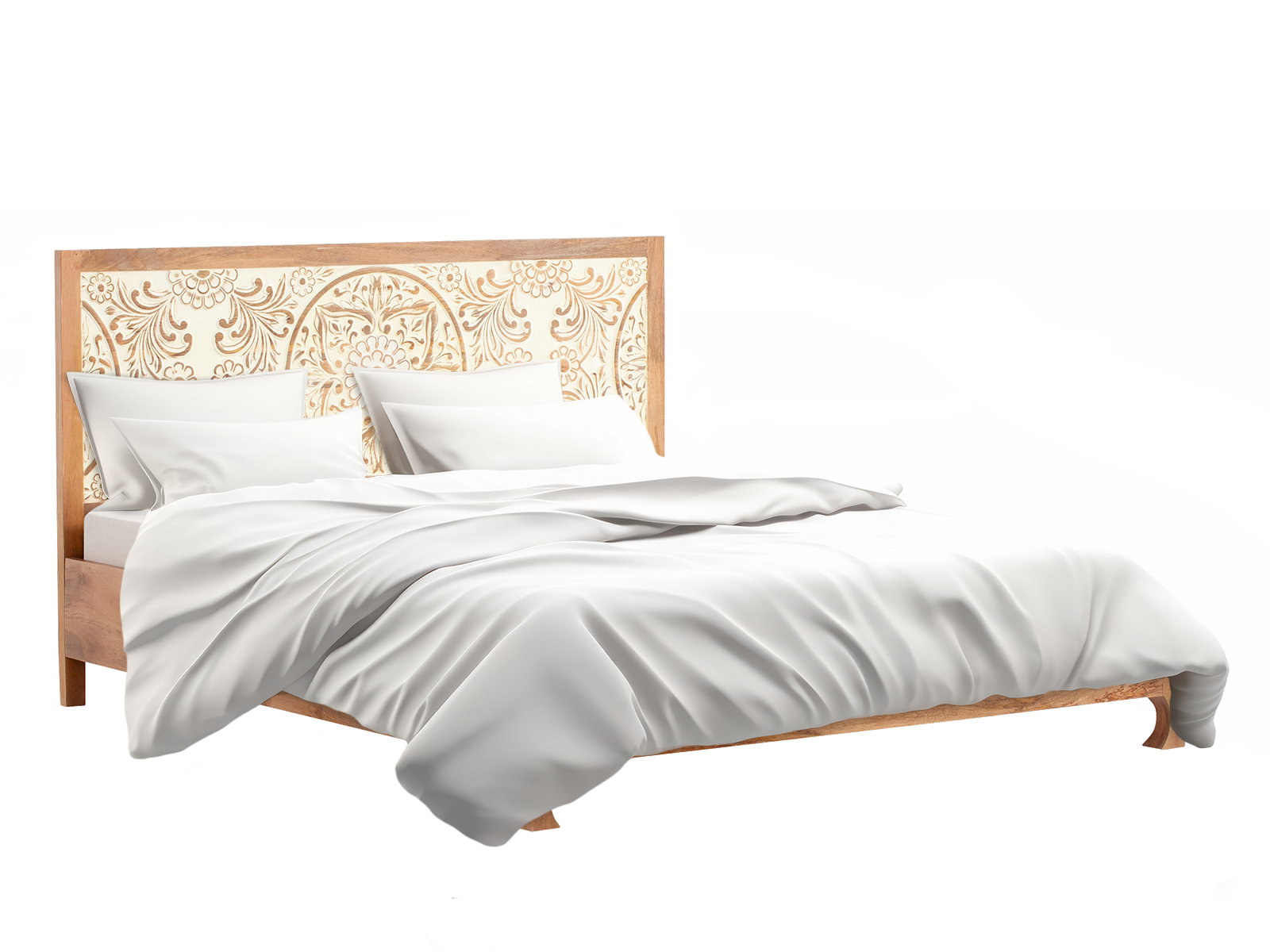 Bett Delhi Mango lackiertes Mango-Holz braun 45°-Freisteller, Liegefläche 180×200 cm filigranes Kopfteil, 13 cm Bodenfreiheit
