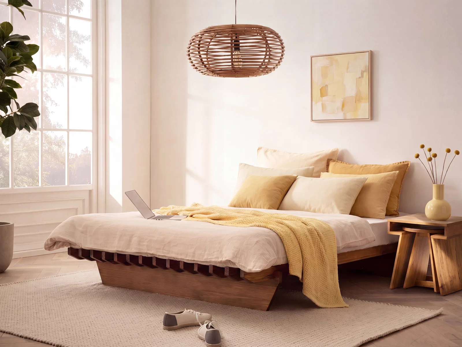 Helles Schlafzimmer mit modernem Holzbett, beigen Kissen, Tagesdecke, Nachttisch und Rattan-Hängelampe im warmen Ambiente
