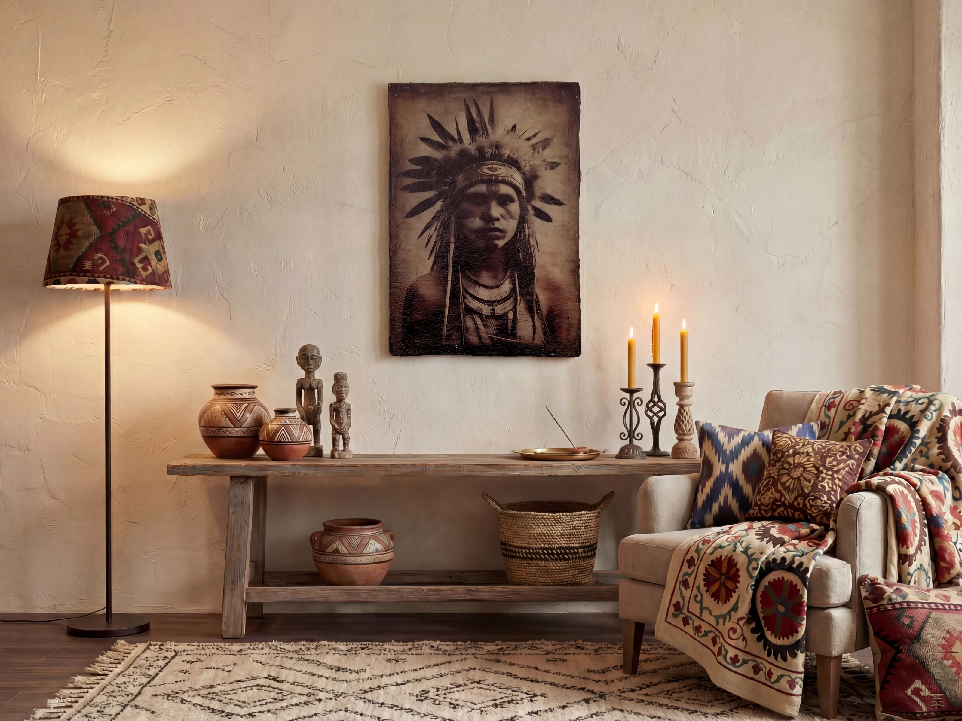 Rustikales Wandbild Heritage aus Naturmaterial mit Tribal-Design als ausdrucksstarke Wanddeko im Ethno Style