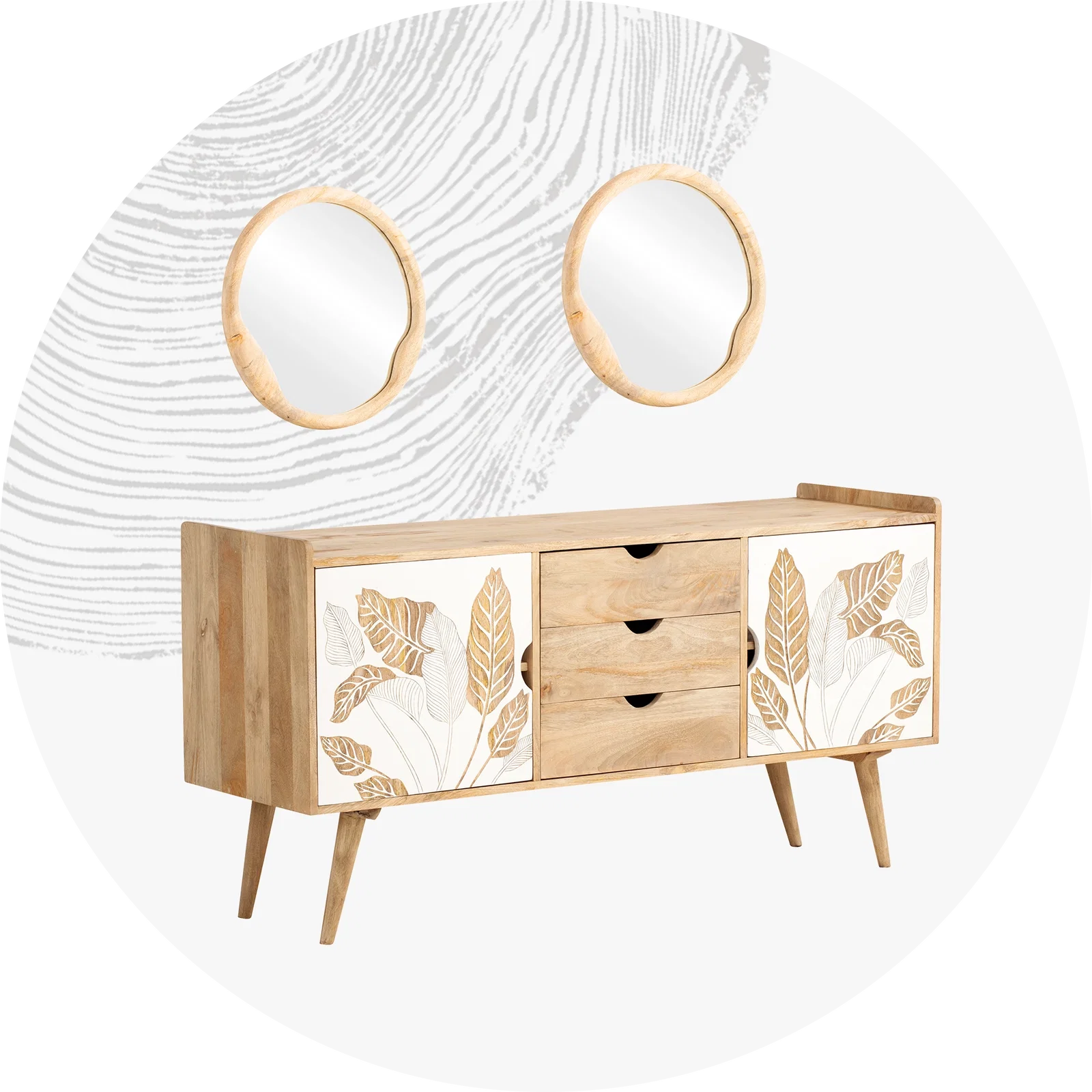 Modernes Badmöbel-Set mit Waschtisch und Aufsatzbecken, Wandspiegel und Holzfronten in heller Naturoptik, minimalistisches Design