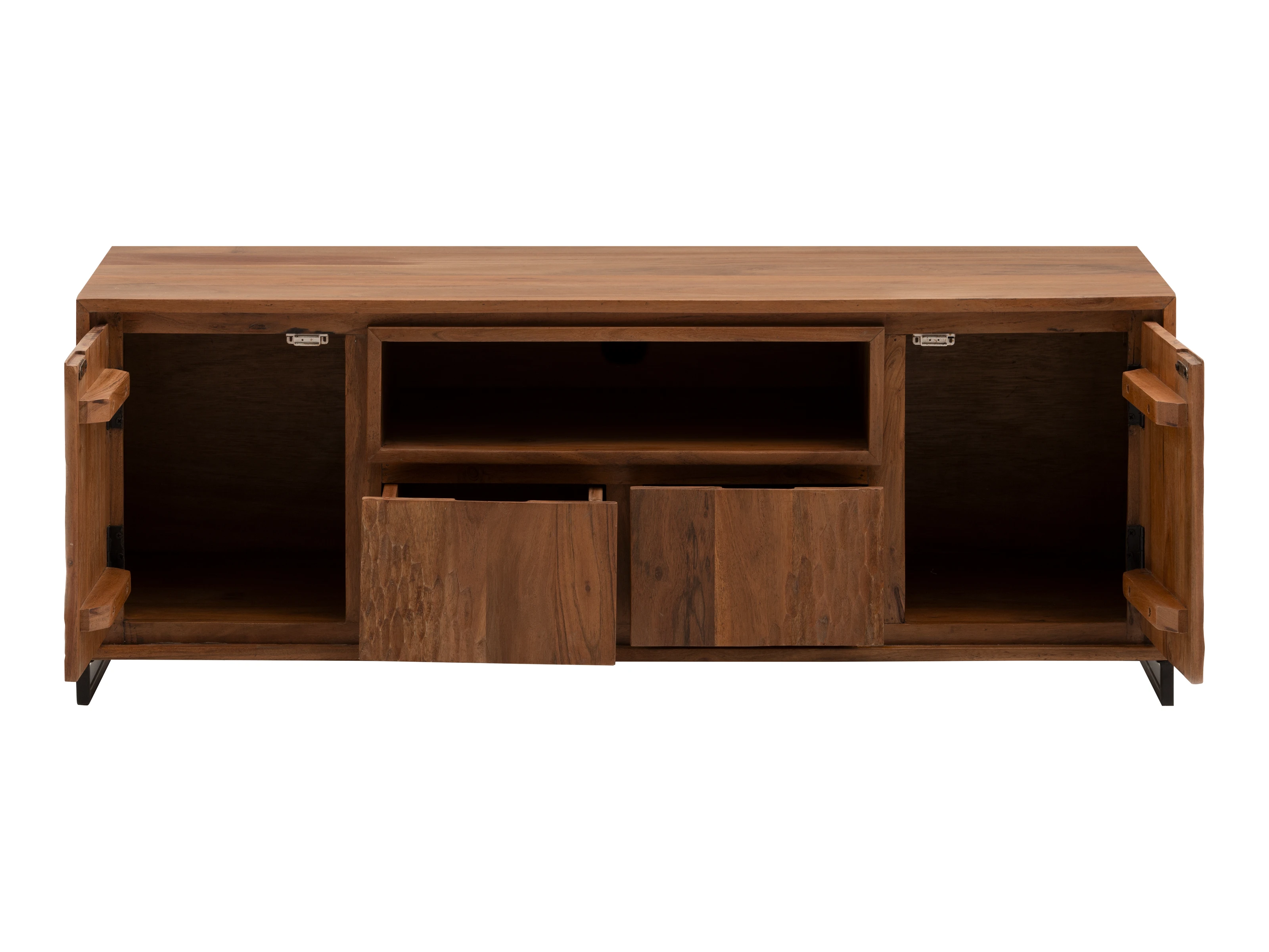 Freisteller geöffnete Frontansicht TV-Bank Maddox Akazie 120×45×45 cm, Akazienholz, 2 Türen, 2 Auszüge, 1 offenes Fach