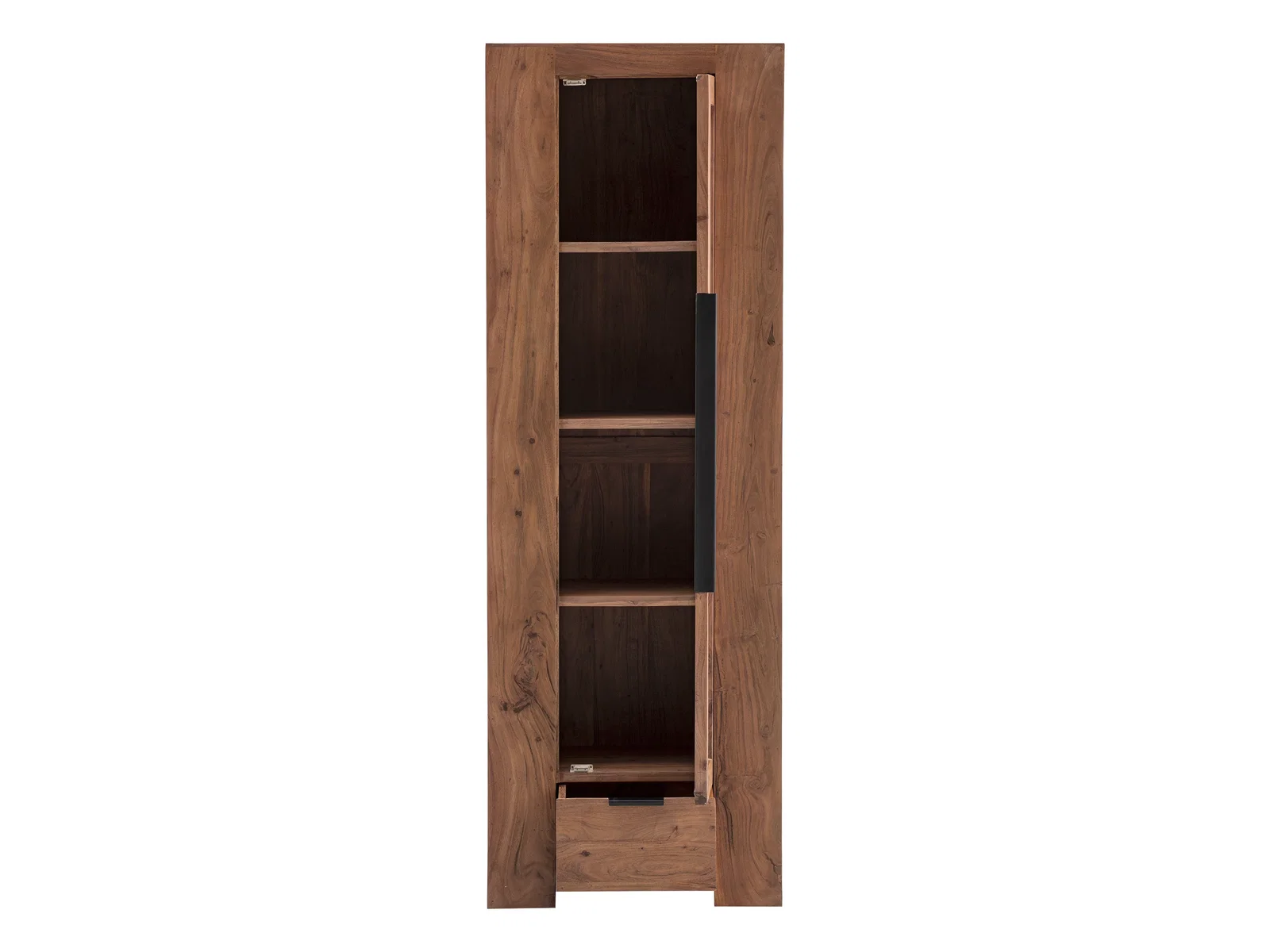 Vitrine Osbon, lackierte Akazie, Frontansicht geöffnet – schmale Vitrine (65×190×45 cm) mit rechts angeschlagener Tür