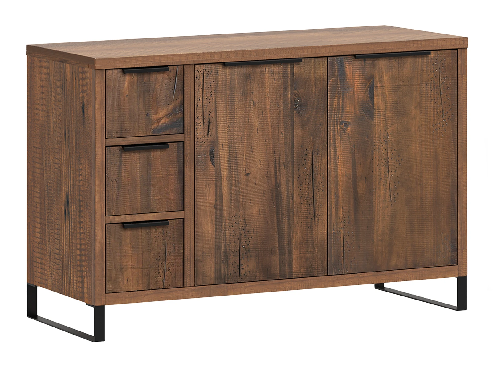 Waschtisch Sydney Pinie 105cm Freigestelltes Badset Sydney 2-tlg. Badmöbel-Unterschrank in dunkel lackierter Pinie – 2 Schubladen & Türen, braun, 45°-Ansicht.