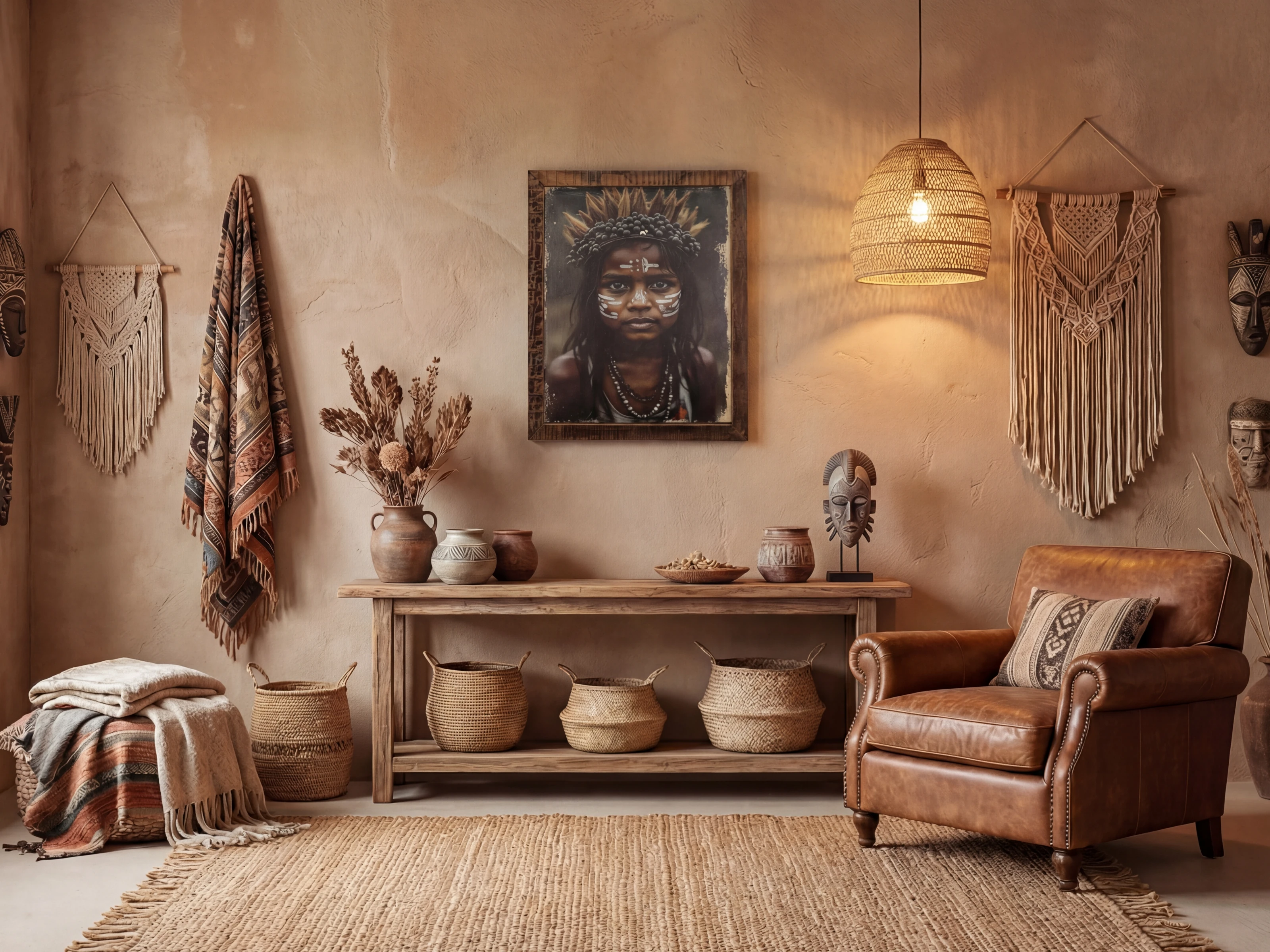 Wohnbeispiel: Canvas Wandbild „Spirit of Earth“ 70×90 cm auf Altholz-Rahmen Frontansicht über Holzkonsole mit Boho-Deko.