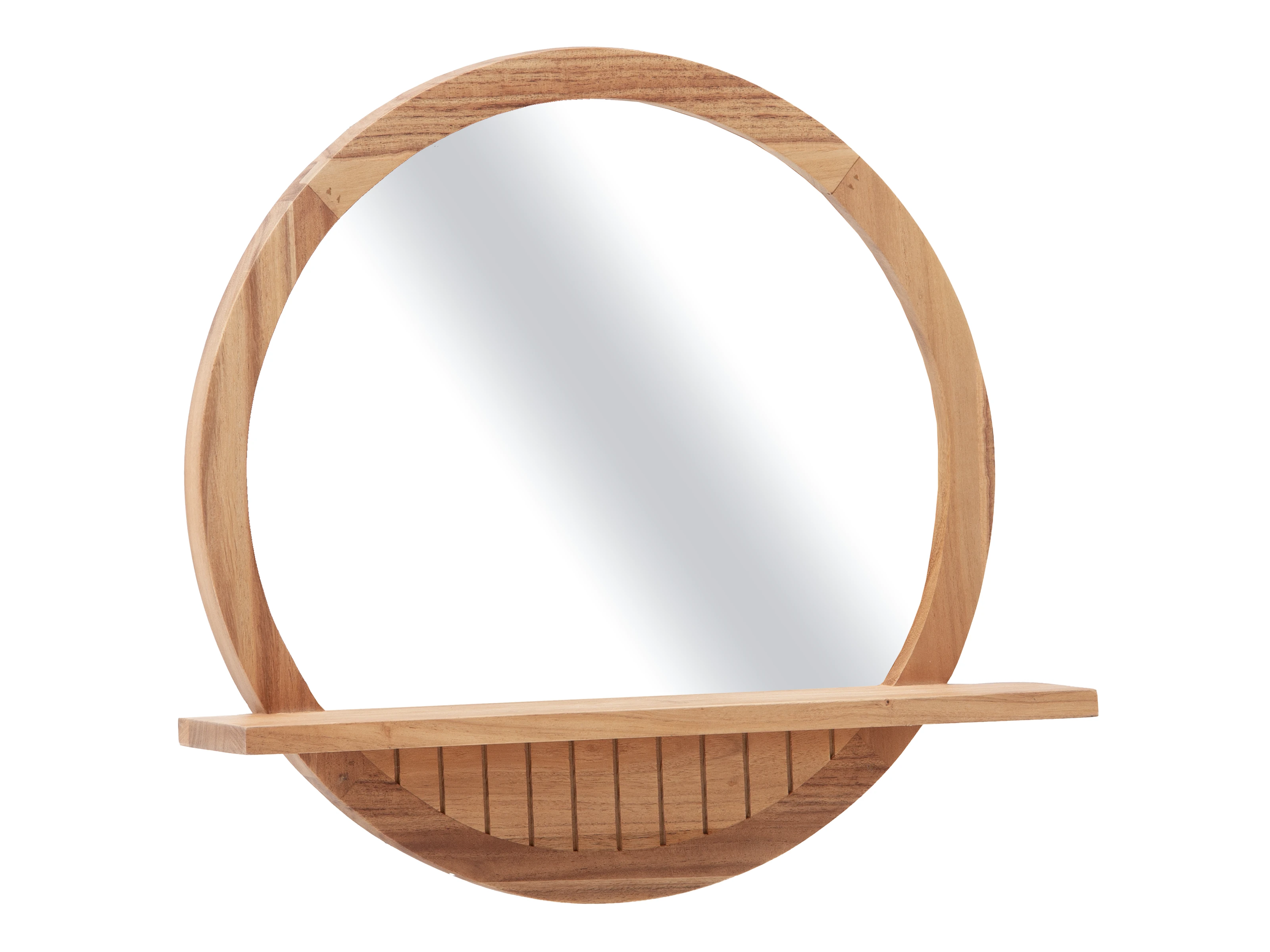 Freisteller Frontansicht runder Badspiegel Tenaga aus lackierter Akazie mit schmaler Ablage, eichefarben