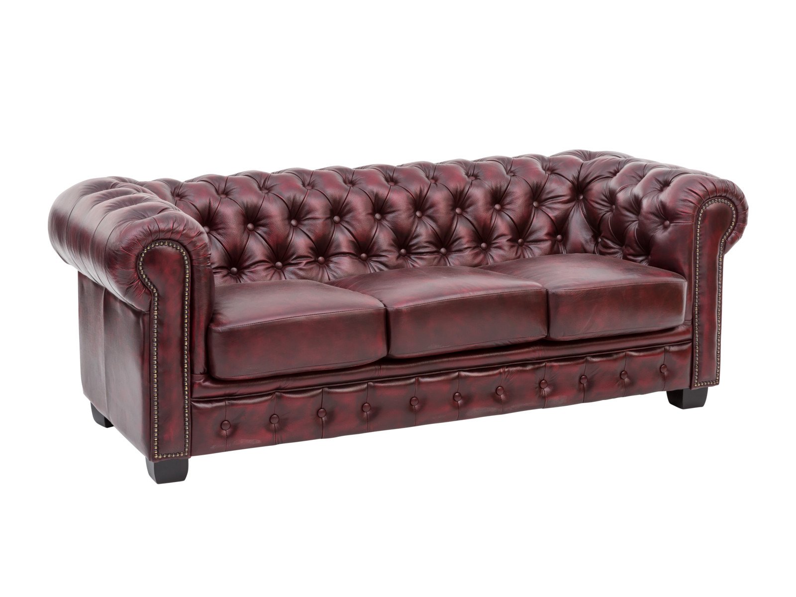 Chesterfield Sofa Garnitur antik rot Echtleder 210x72x90 Schrägansicht