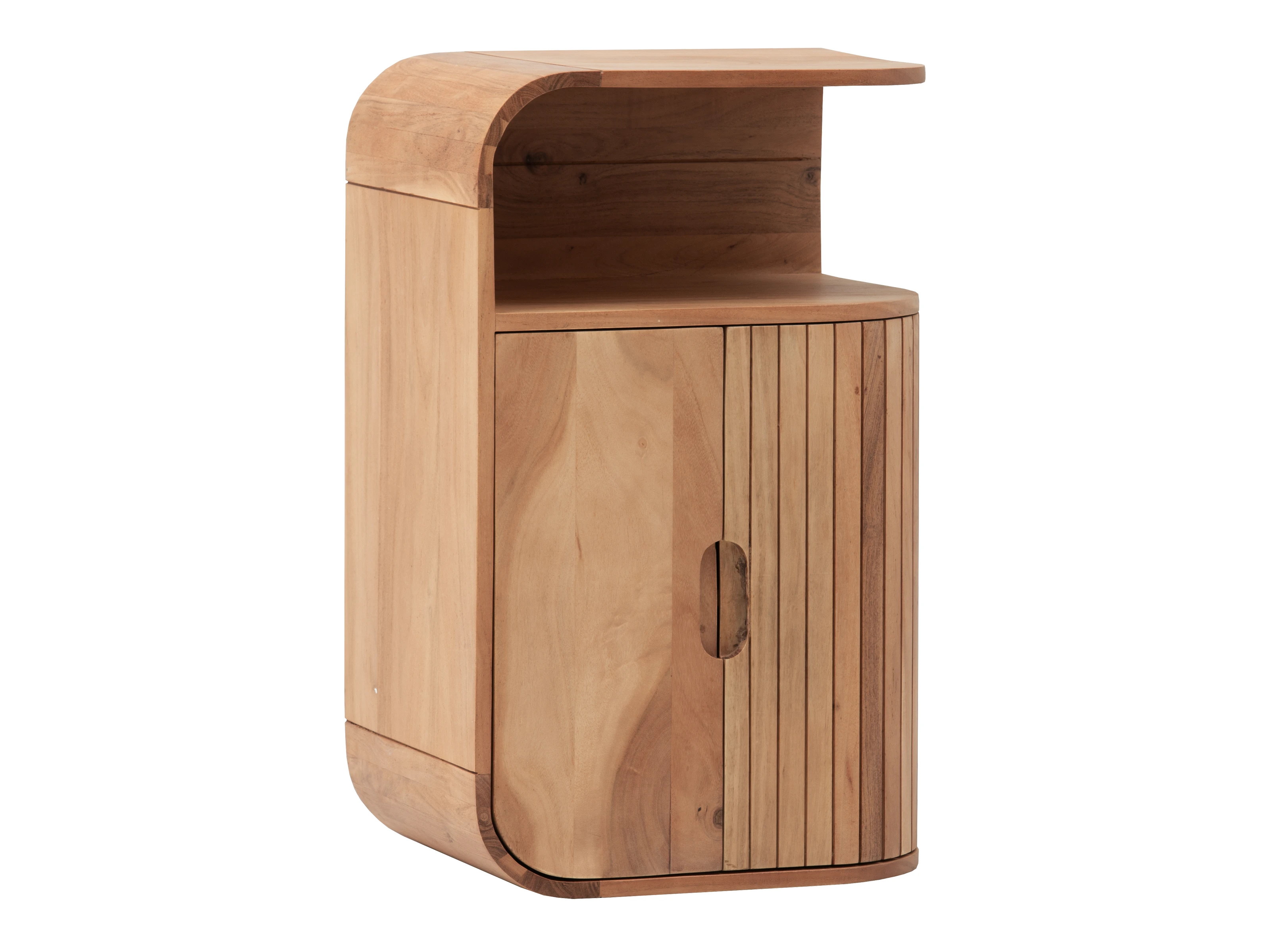 Freisteller 45°-Ansicht: Badmöbel-Set Tenaga Akazie eichefarben lackiertes Holz mit Softclose-Tür und offenem Ablagefach.