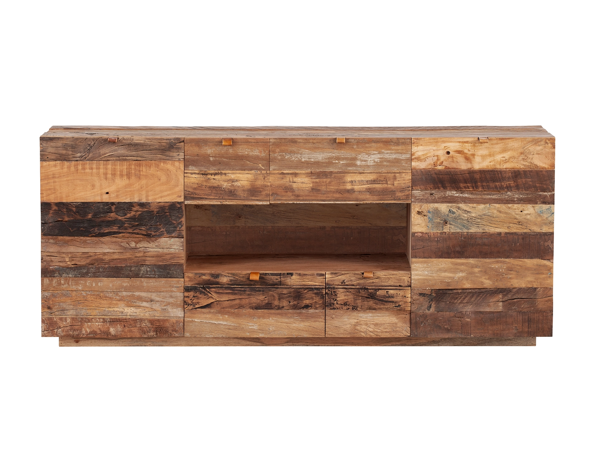 Verschiedene Sideboards aus Holz mit warmem Finish und klaren Linien vor neutralem Hintergrund.