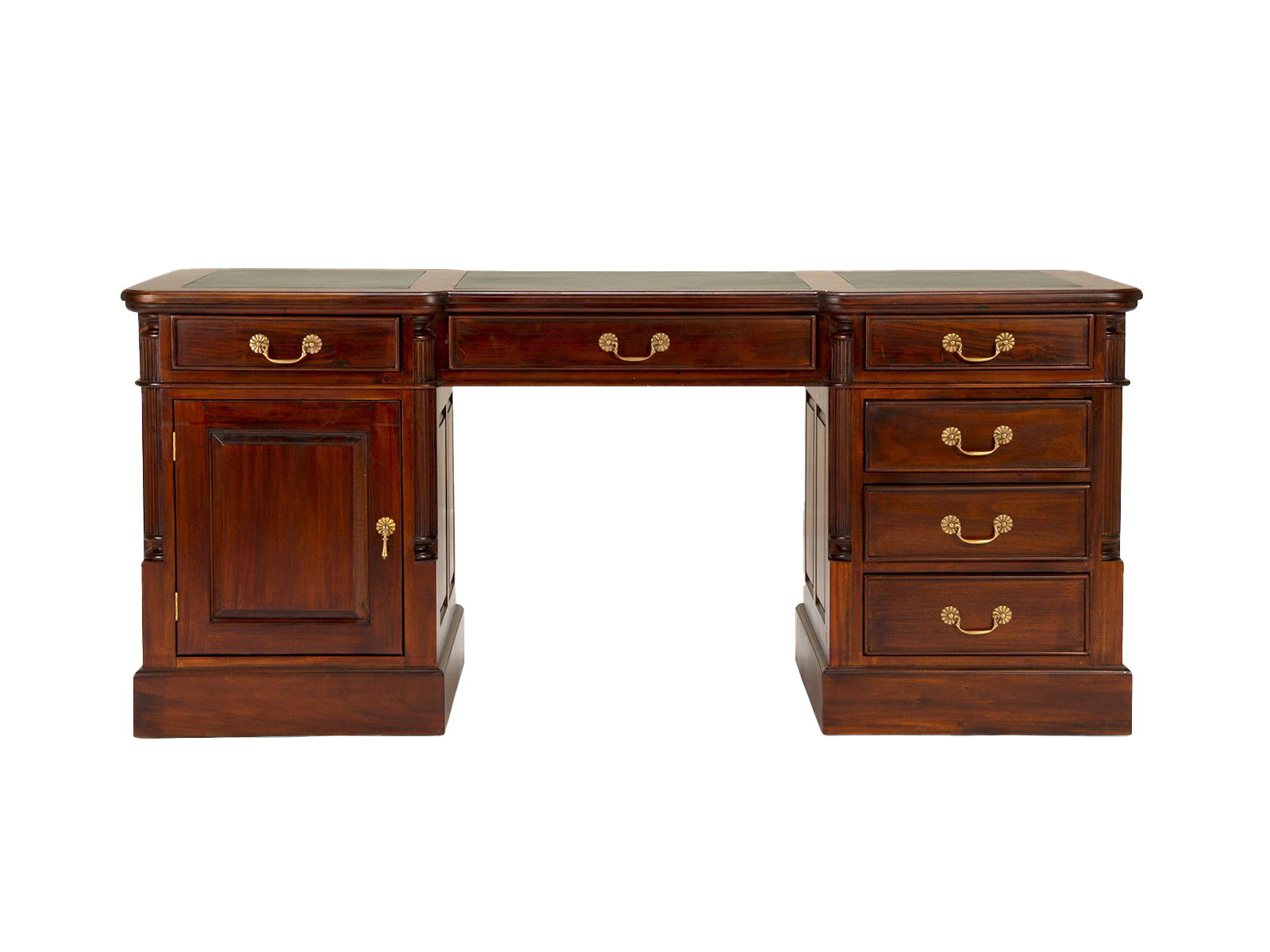 Freisteller-Frontansicht Schreibtisch Cambridge aus lackiertem Mahagoni mit grüner Lederauflage, 160×80×80 cm, 7 Schubladen