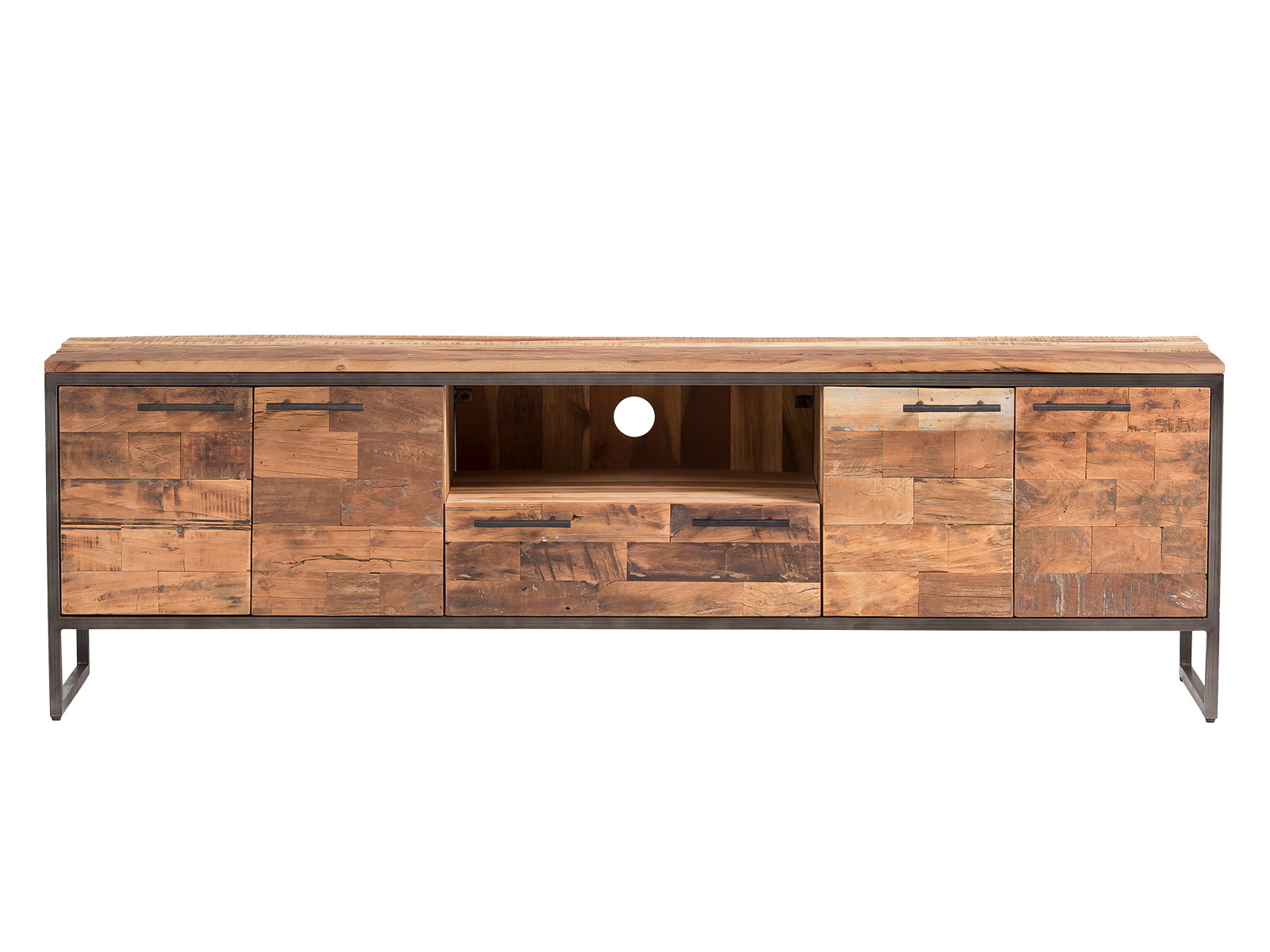TV-Board Bristol aus braunem Altholz (Frontansicht, Freisteller) mit 4 Türen, 1 Schublade und offenem Fach, B180×H52×T38?cm